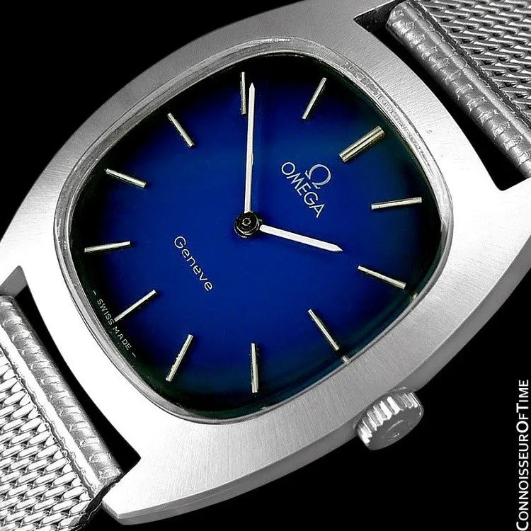 1974 Omega Geneve Vintage Retro Mens Handwound Ultra Slim Watch with Blue Vignette Dial - Stainless Steel