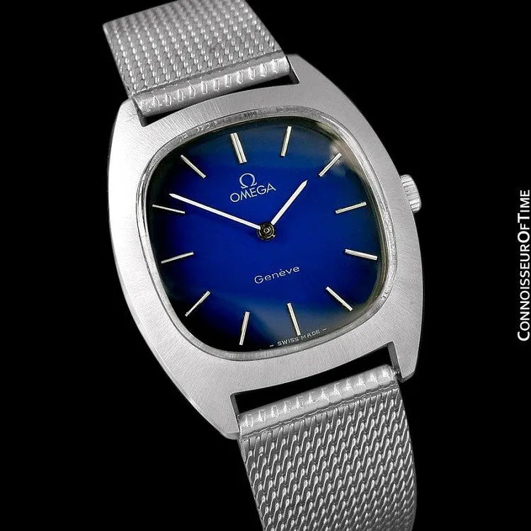 1974 Omega Geneve Vintage Retro Mens Handwound Ultra Slim Watch with Blue Vignette Dial - Stainless Steel