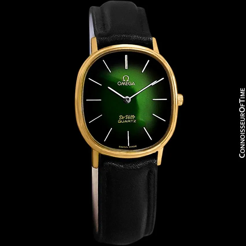 1980 Omega De Ville Vintage Mens Midsize Green Vignette Dial Watch - 18K Gold Plated