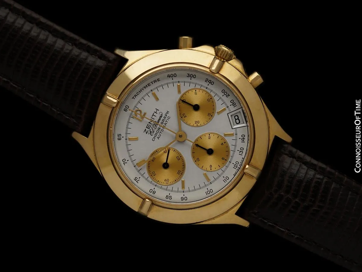 1980's Zenith EL Primero Mens Vintage Italian Automatic Chronograph 18K Gold Watch - Exceedingly Rare