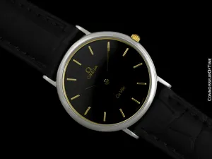 1990's Omega De Ville Vintage Mens Midsize Ultra Thin Dress Watch - Stainless Steel & 18K Gold Plated