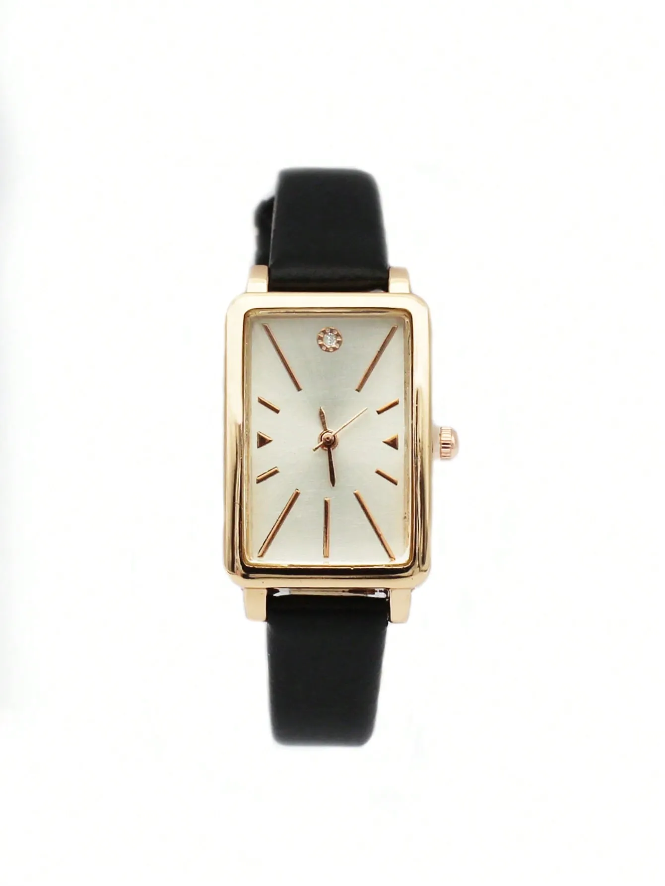 1pc Black PU Polyurethane Strap Rhinestone Decor Square Dial Quartz Watch
