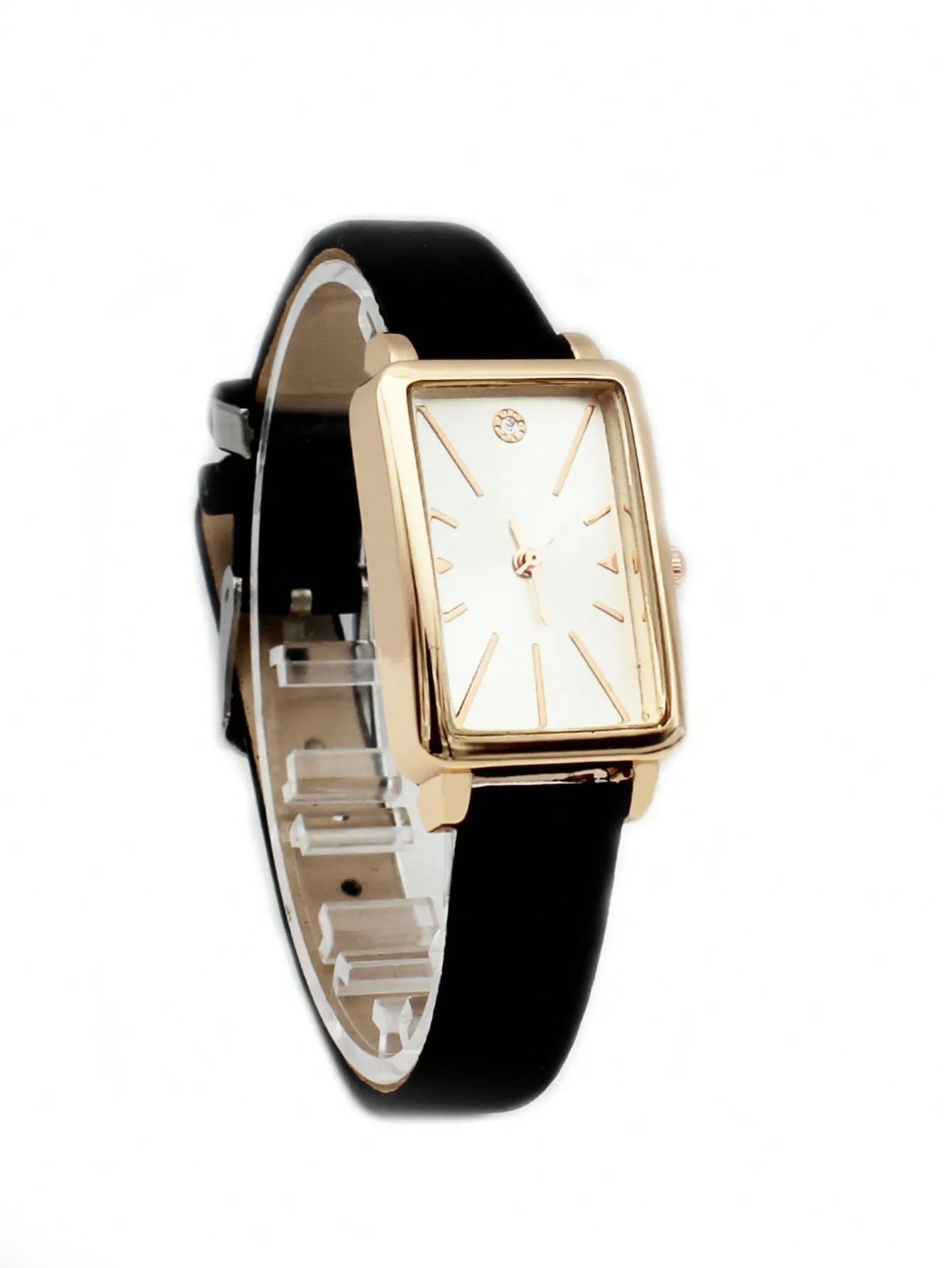 1pc Black PU Polyurethane Strap Rhinestone Decor Square Dial Quartz Watch