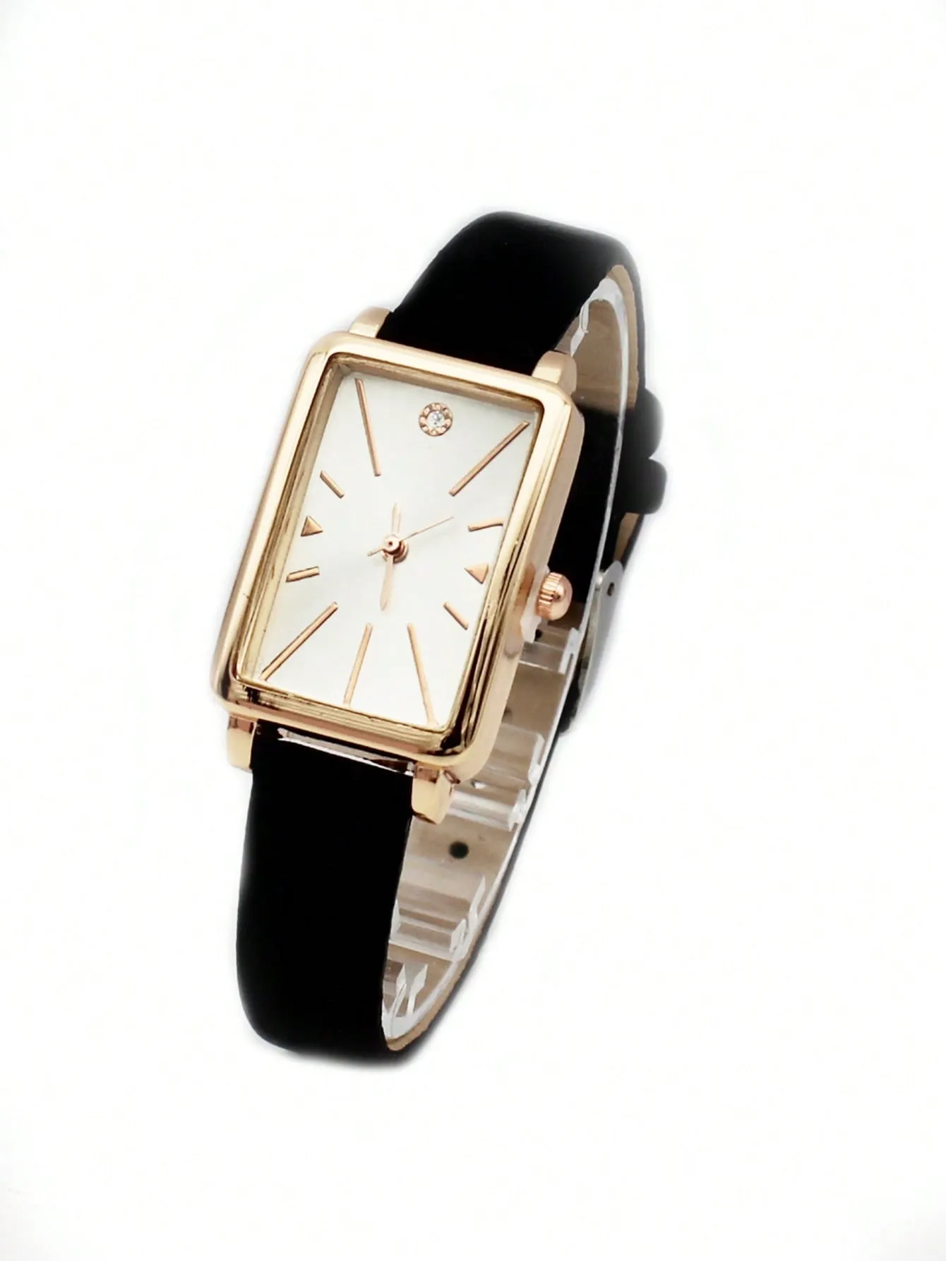 1pc Black PU Polyurethane Strap Rhinestone Decor Square Dial Quartz Watch