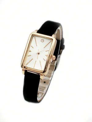 1pc Black PU Polyurethane Strap Rhinestone Decor Square Dial Quartz Watch