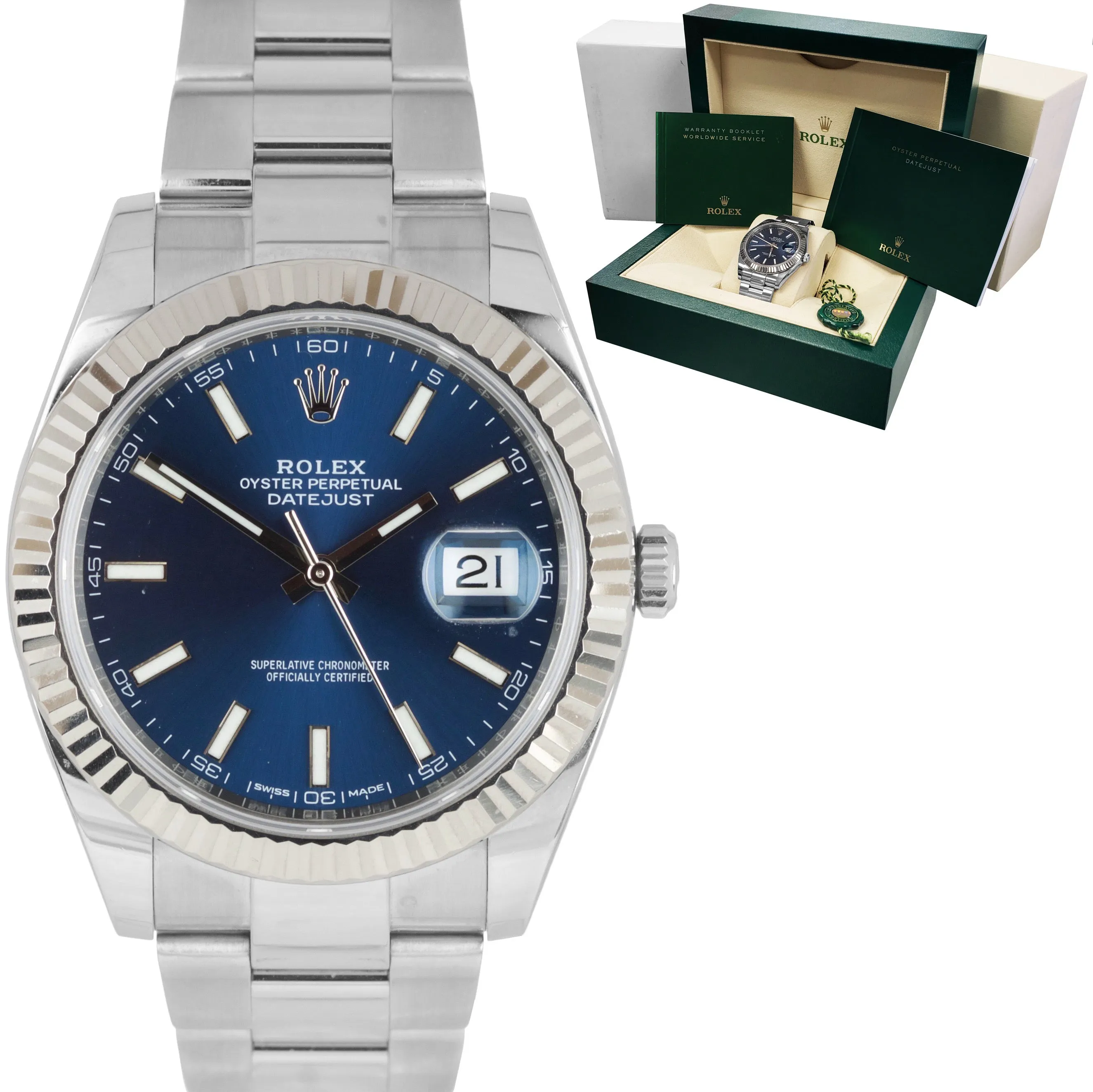 2019 MINT Rolex DateJust 41 Blue Steel Fluted Oyster 41mm Date Watch 126334