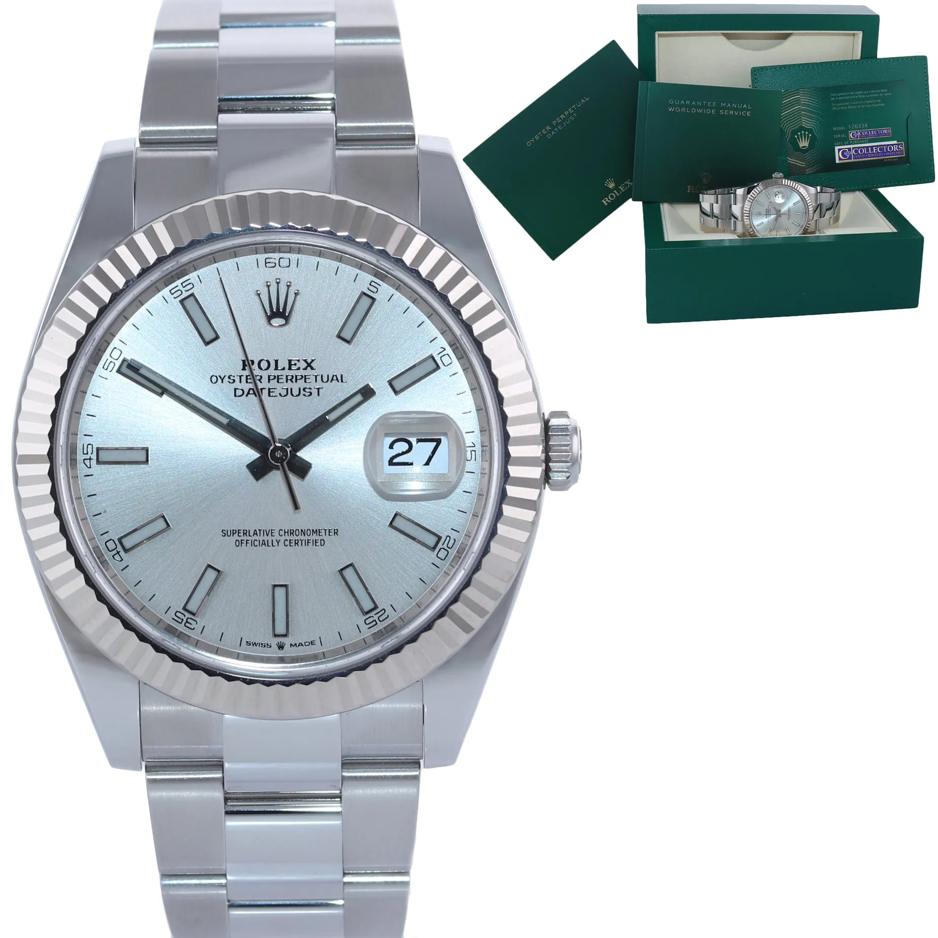 2020 NEW Rolex DateJust 41 126334 Silver Dial Steel Fluted Oyster Band Watch Box