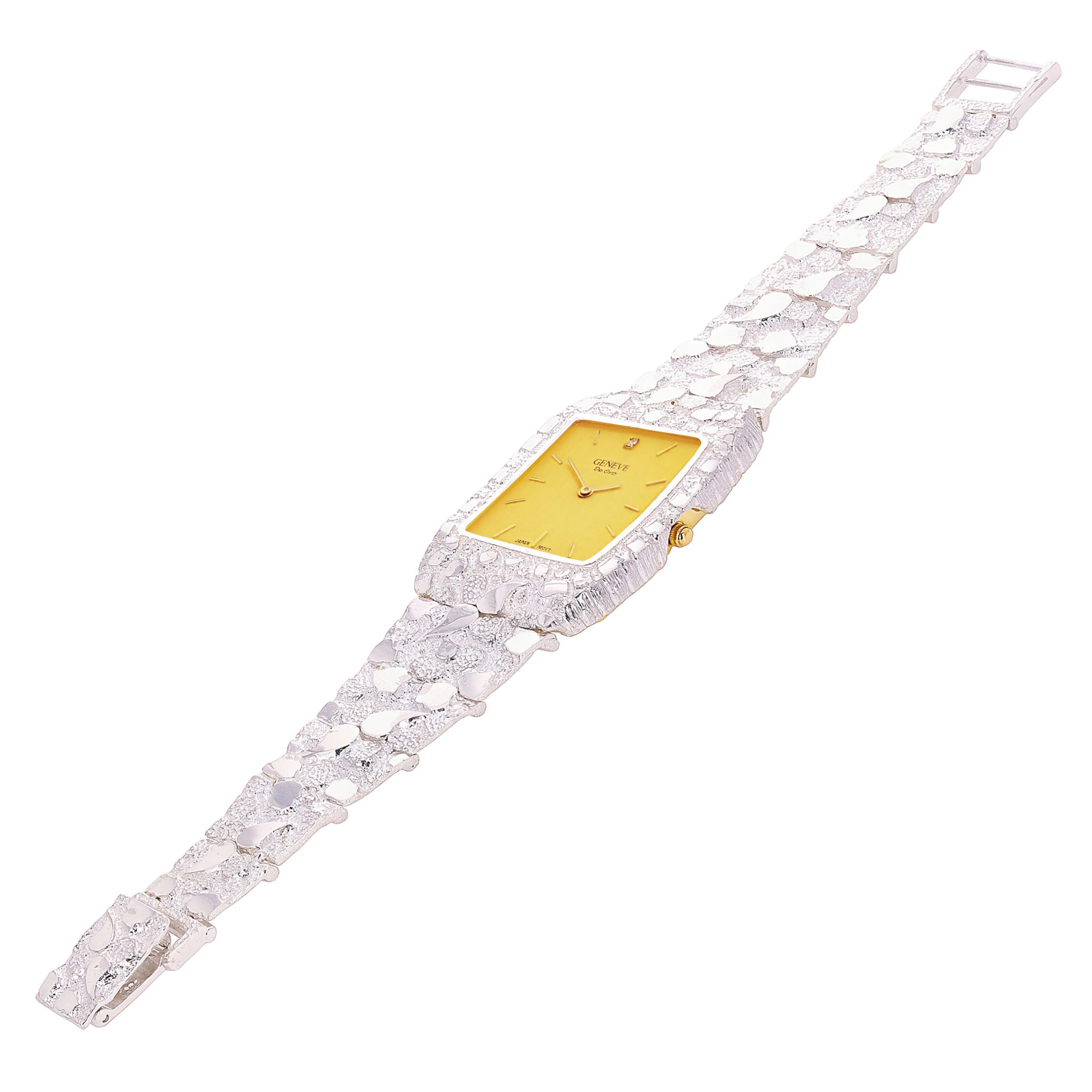 925 Sterling Silver Nugget Link Bracelet Geneve with Diamond Watch 7-7.5" 44g