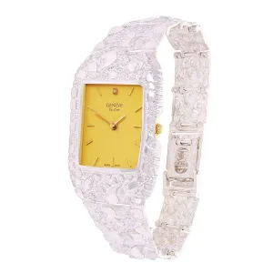 925 Sterling Silver Nugget Link Bracelet Geneve with Diamond Watch 7-7.5" 44g