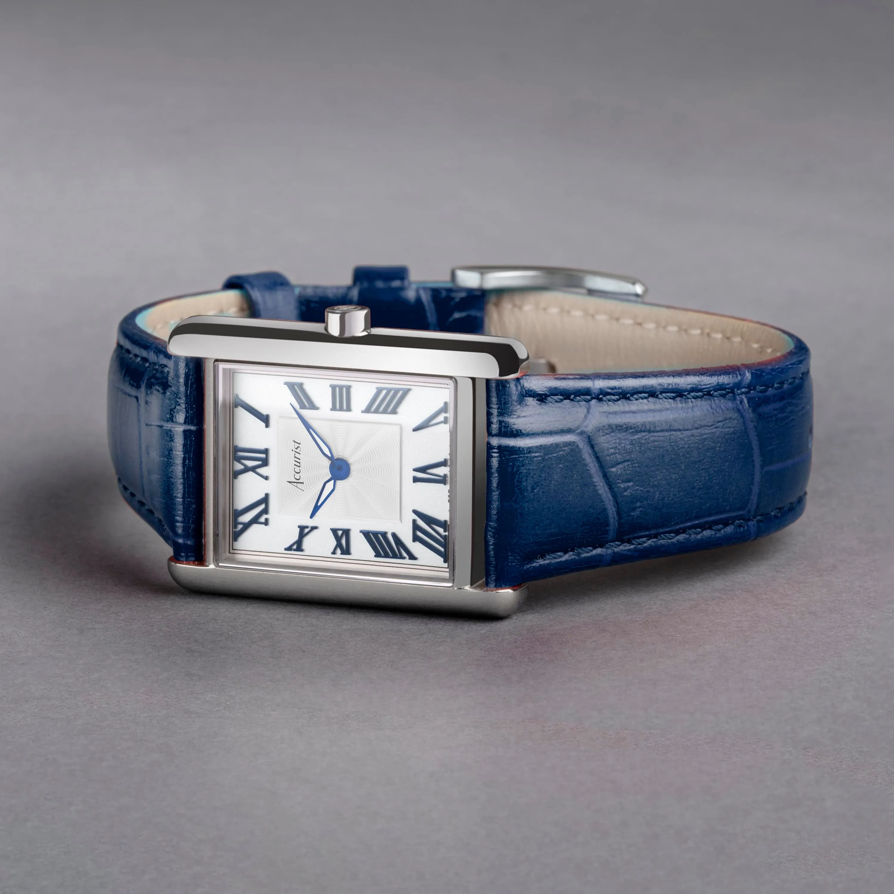 Accurist Rectangle Ladies Watch | Silver Case & Blue Leather Strap with White Dial | 26mm
