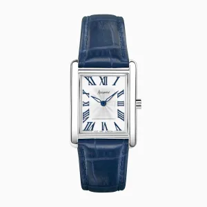 Accurist Rectangle Ladies Watch | Silver Case & Blue Leather Strap with White Dial | 26mm