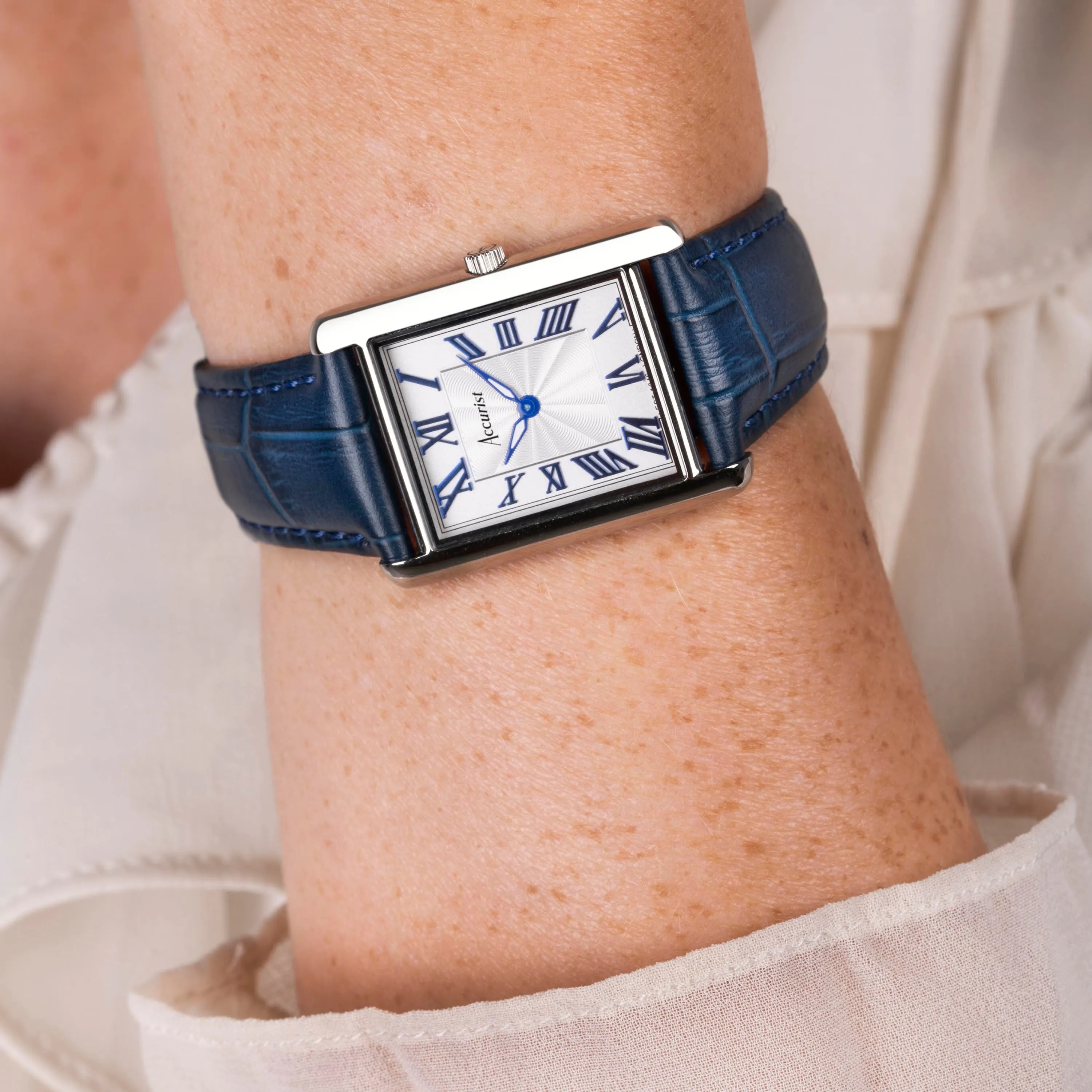 Accurist Rectangle Ladies Watch | Silver Case & Blue Leather Strap with White Dial | 26mm