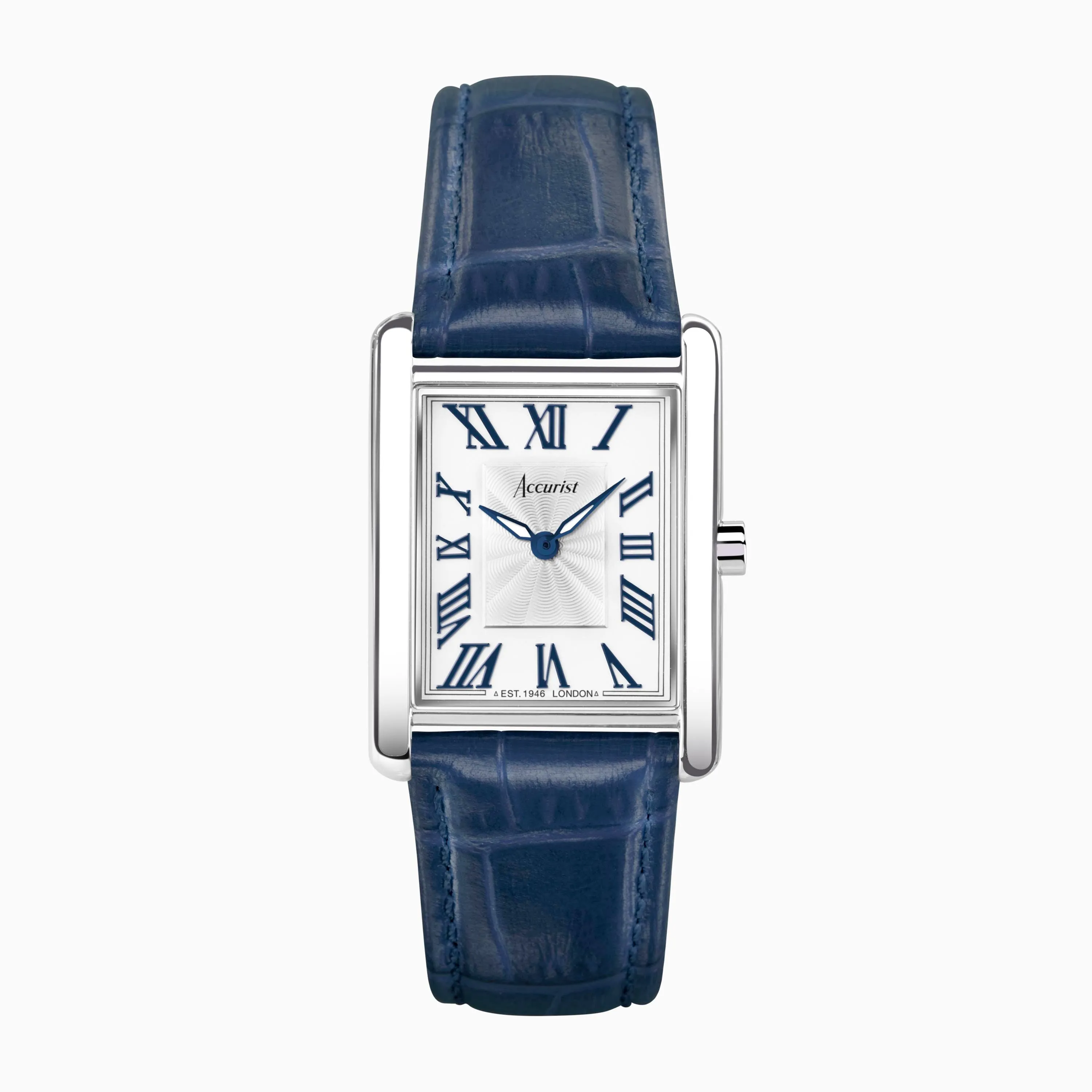 Accurist Rectangle Ladies Watch | Silver Case & Blue Leather Strap with White Dial | 26mm
