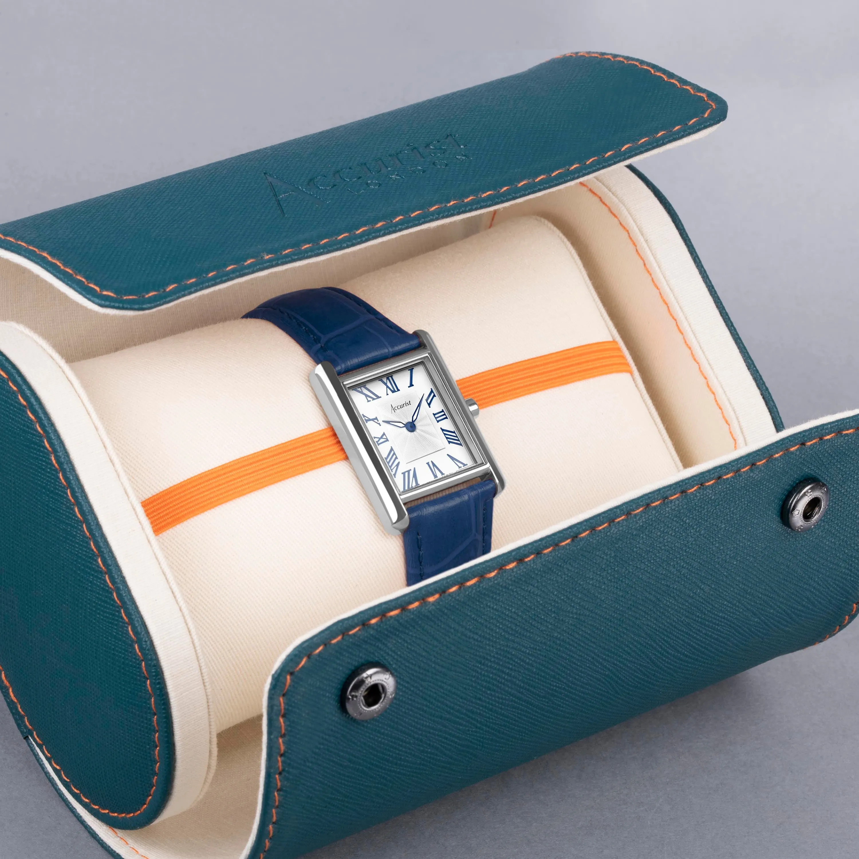 Accurist Rectangle Ladies Watch | Silver Case & Blue Leather Strap with White Dial | 26mm