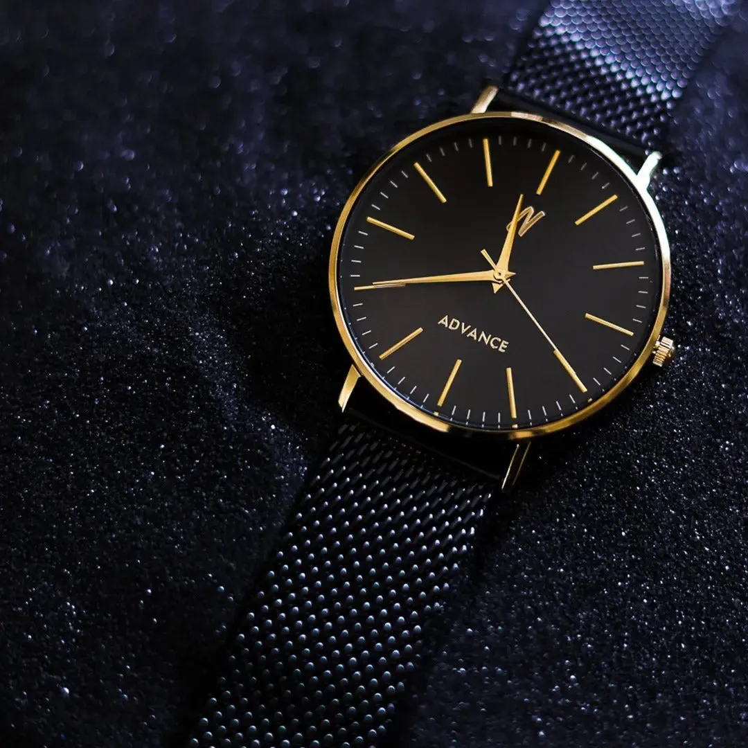 Advance King 40MM Mens Mesh Watch In Black/Yellow Gold