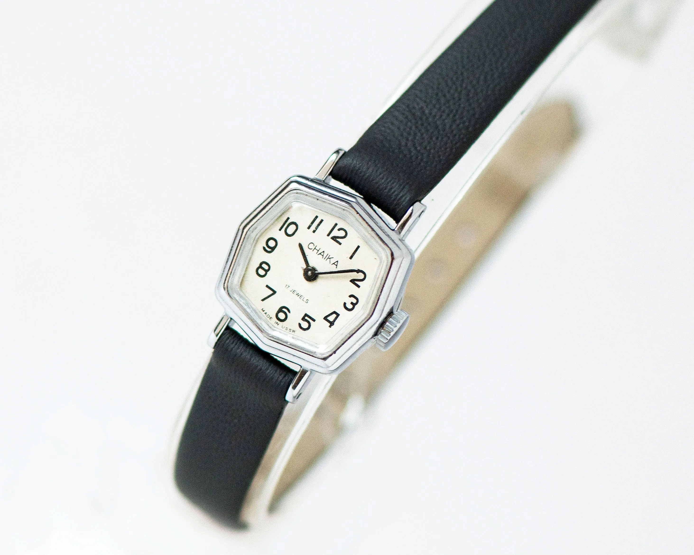 Angular watch for women vintage silver shade Seagull, micro watch mint condition, petite lady watch gift classic, new genuine leather strap