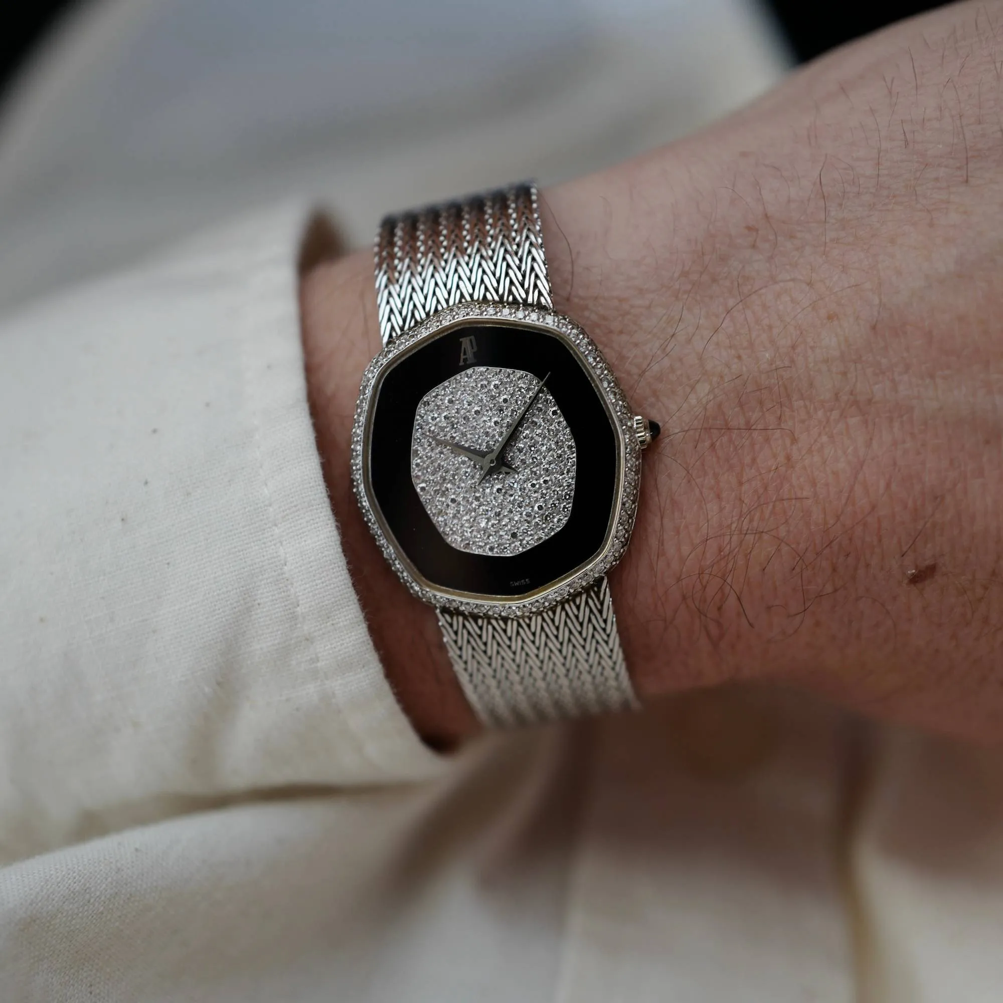 Audemars Piguet White Gold Octagonal Watch with Pave and Onyx Dial