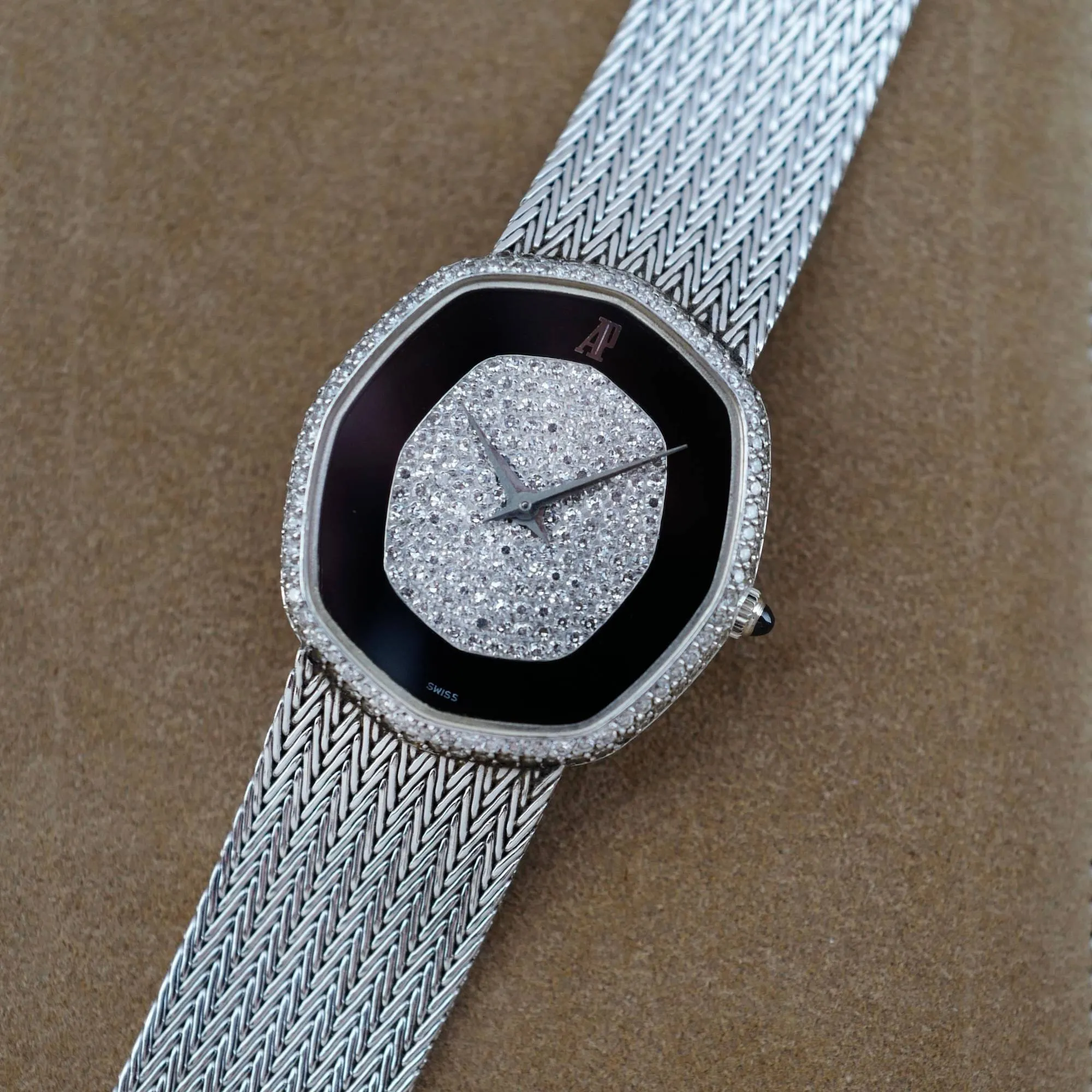 Audemars Piguet White Gold Octagonal Watch with Pave and Onyx Dial