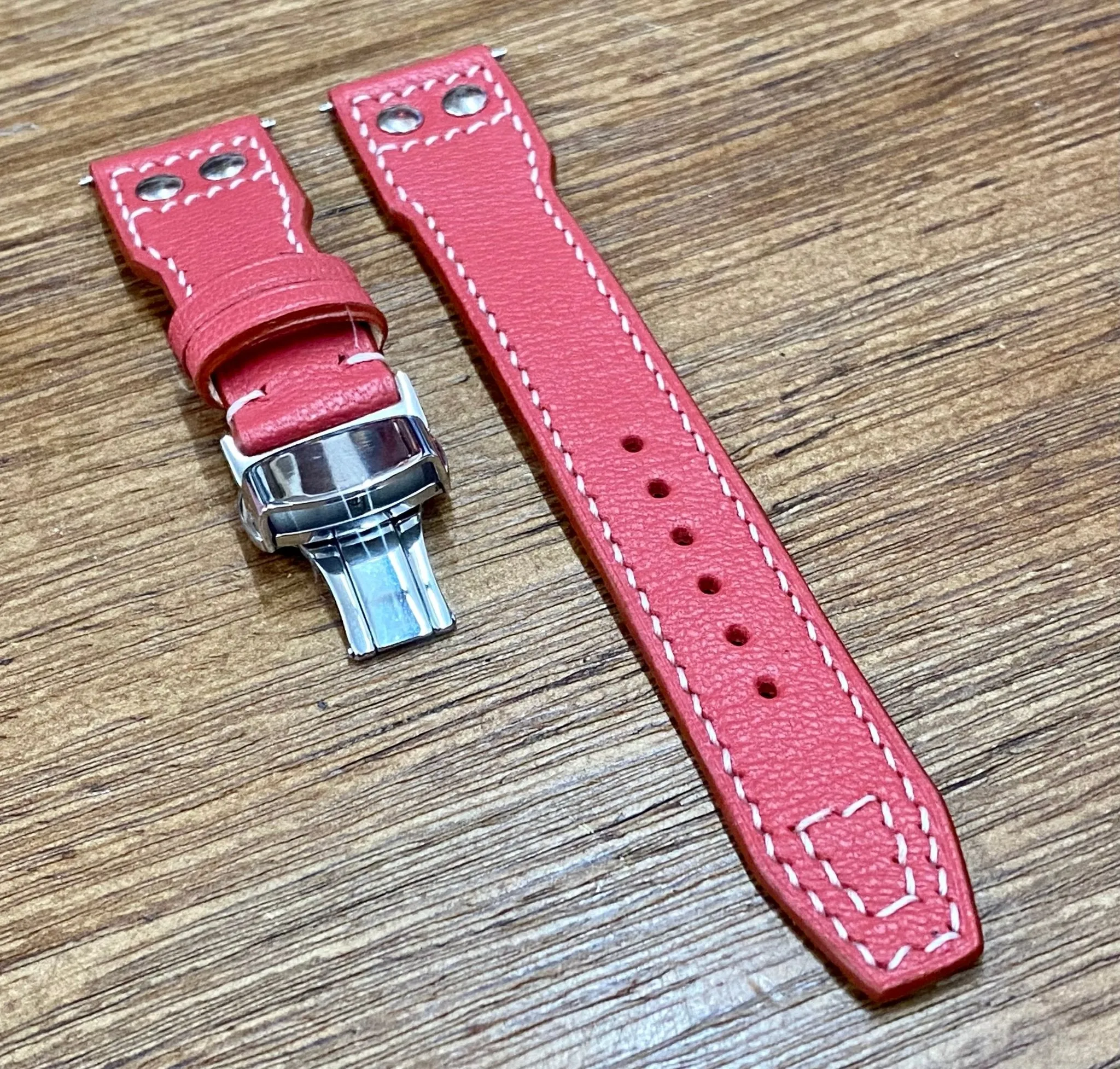 Big Pilot Watch Strap in 22mm, Red Genuine Leather Watch Straps 20mm, Pilot Band with Deployant Clasp Buckle, Handmade Christmas Gift Ideas for Aviator Watches