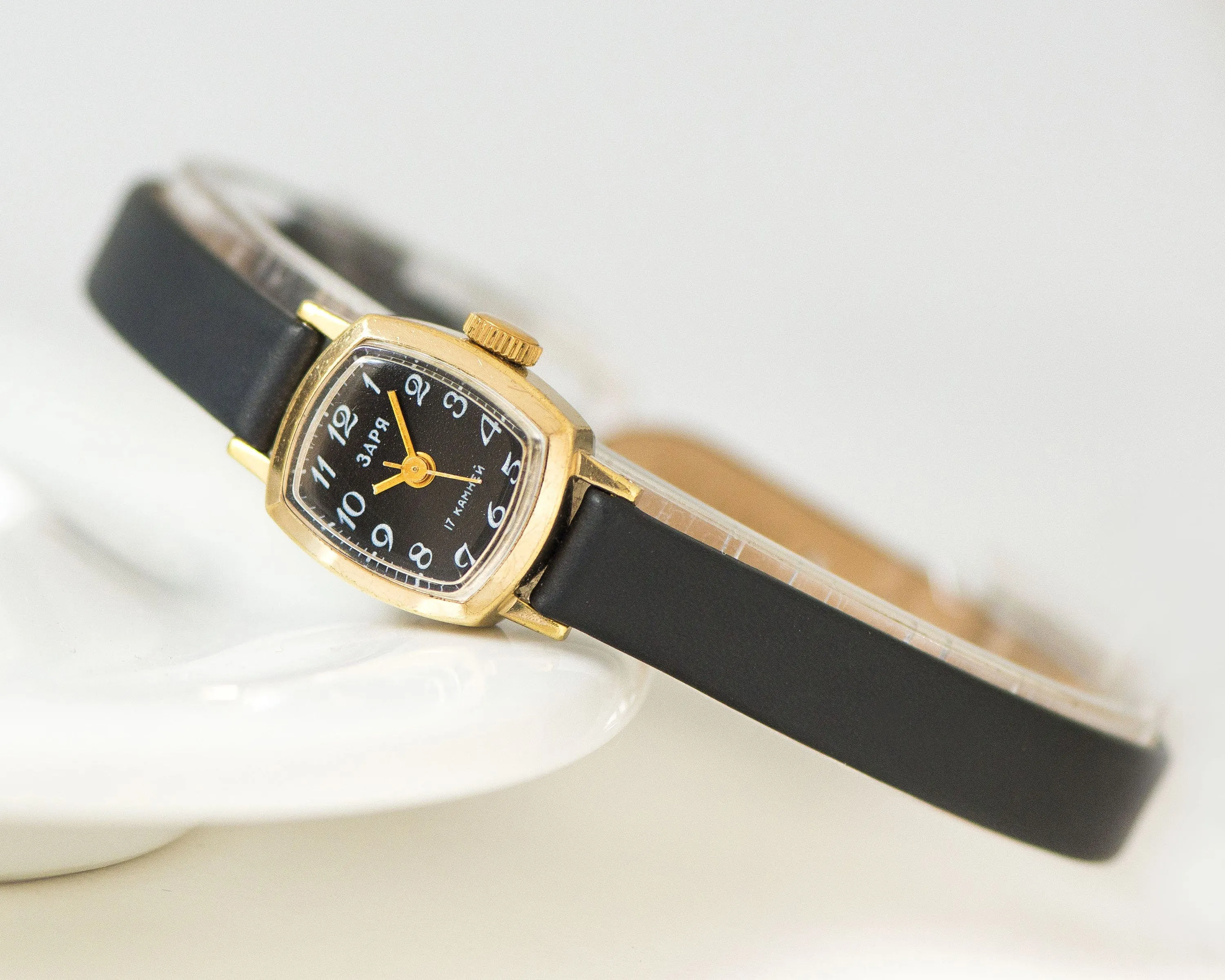 Black dial women watch gold plated tiny Dawn, women's watch Arabic numerals, micro watch for lady rectangular, new premium leather strap