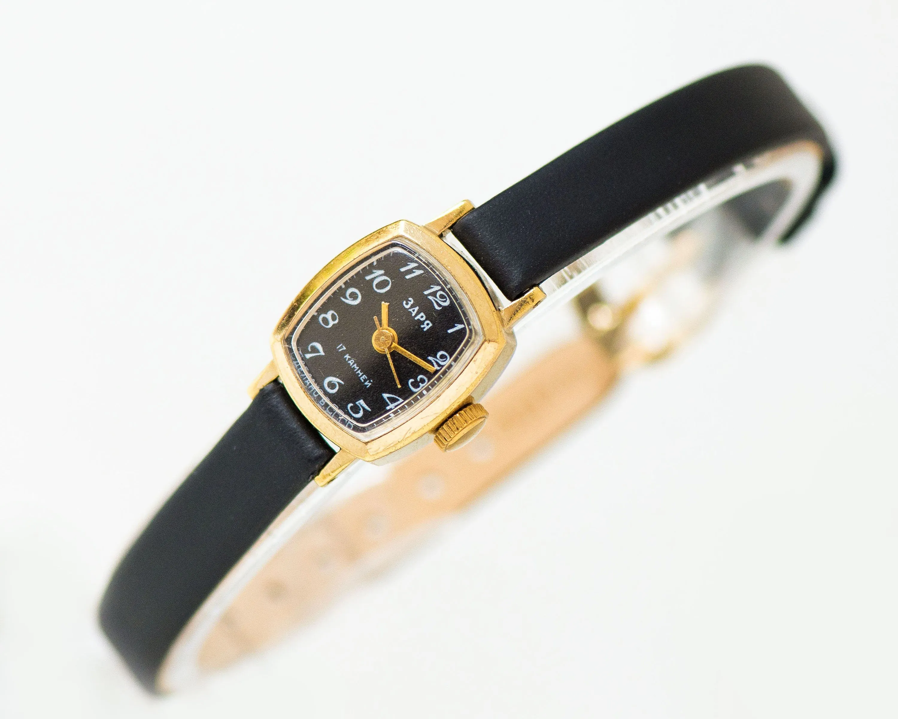 Black dial women watch gold plated tiny Dawn, women's watch Arabic numerals, micro watch for lady rectangular, new premium leather strap