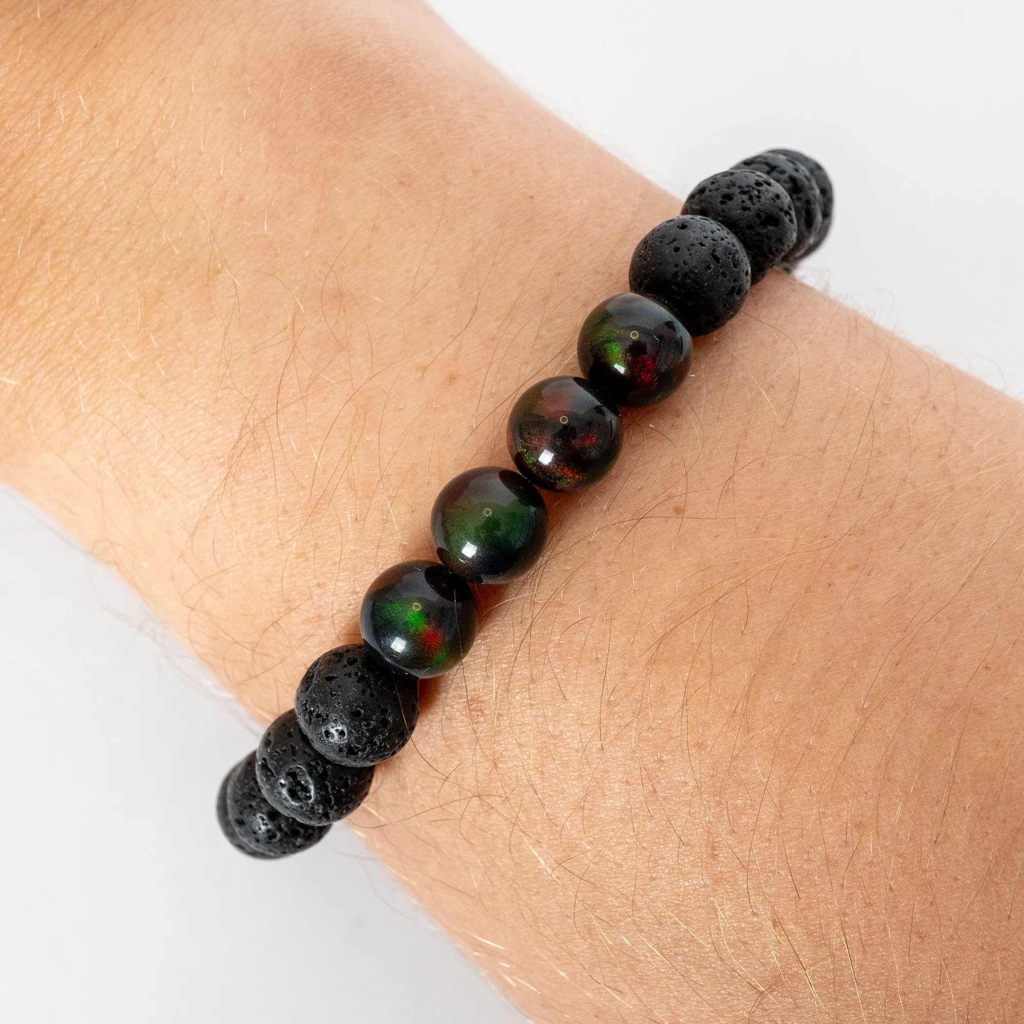 Black Ember Opalescence & Lava Stone Beaded Bracelet