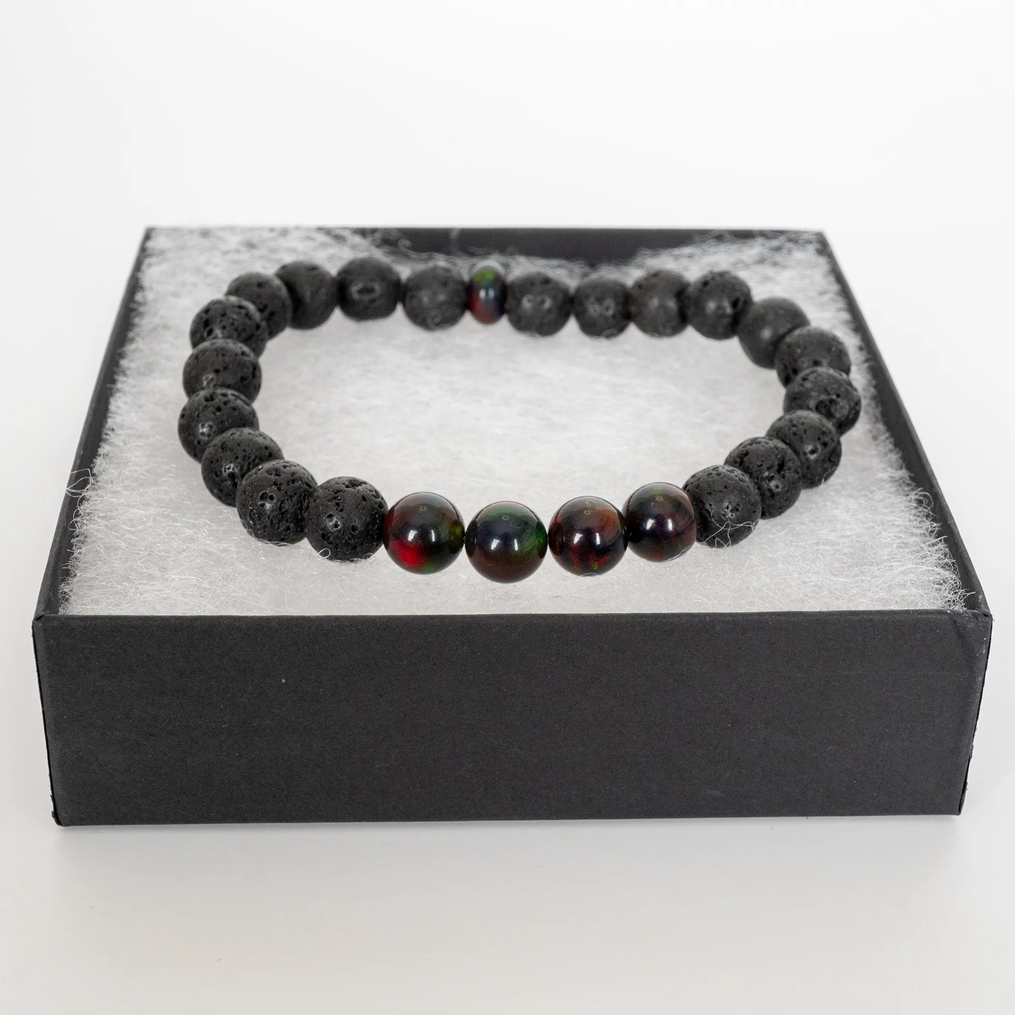 Black Ember Opalescence & Lava Stone Beaded Bracelet
