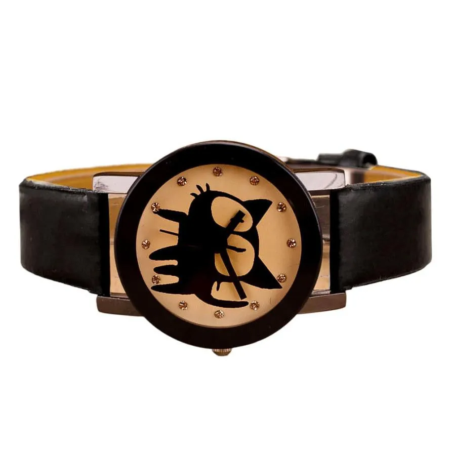Black PU Leather Cat Watch