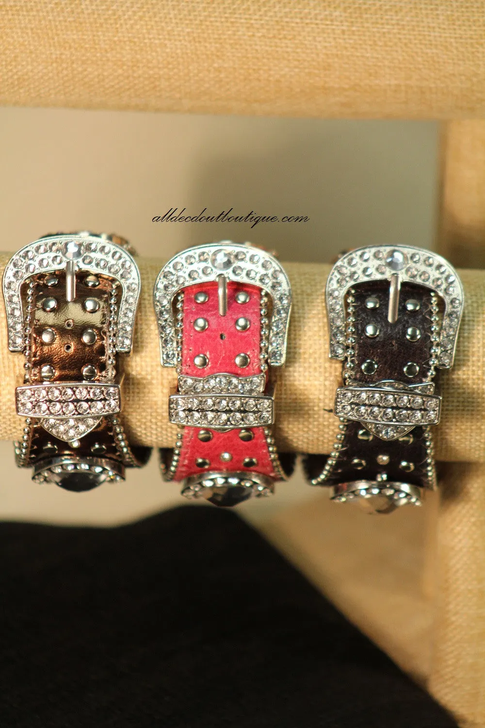 Black/White Silver Studs & Clear Rhinestones | Leather Band with Buckle Clasp