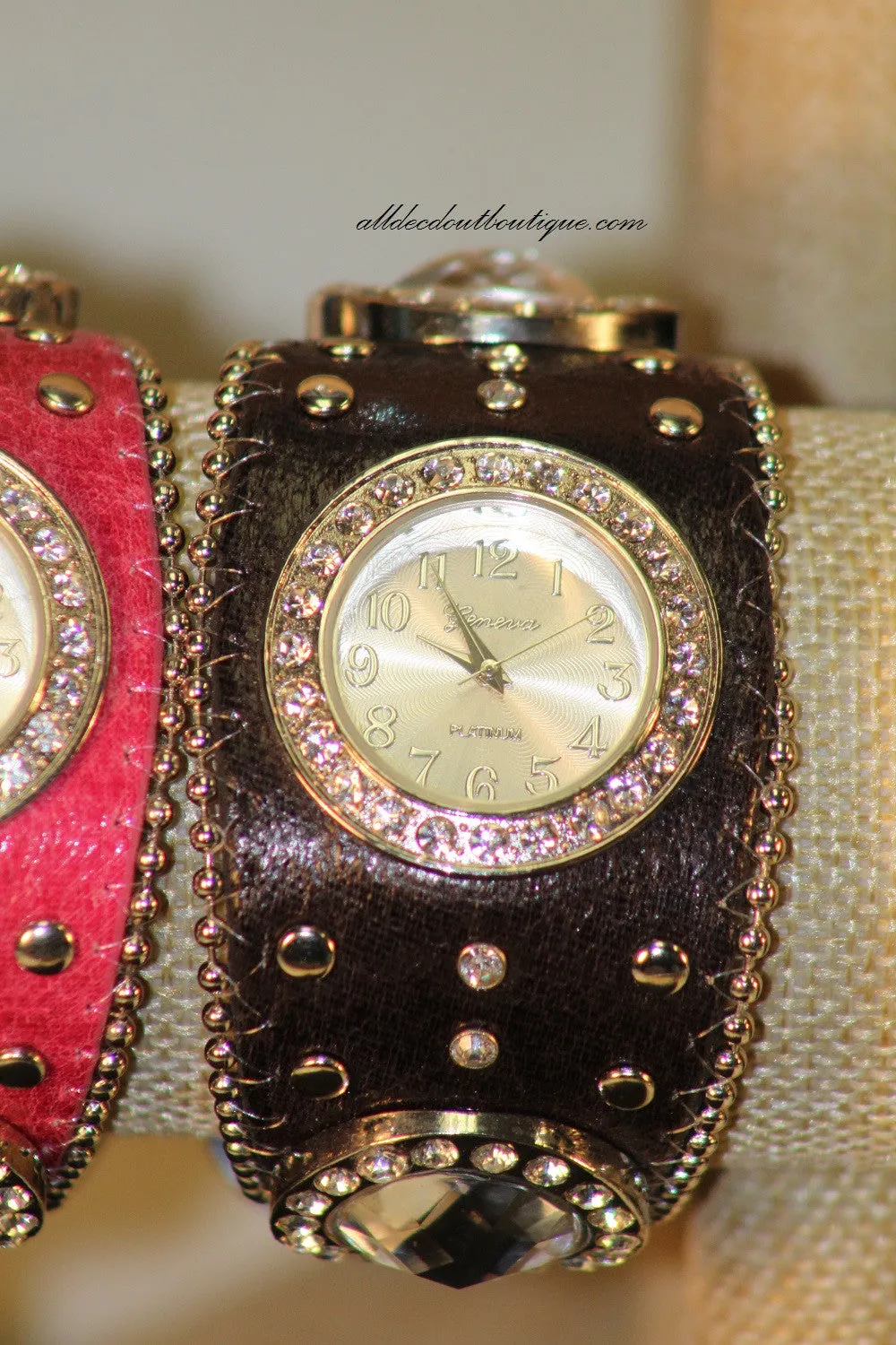 Black/White Silver Studs & Clear Rhinestones | Leather Band with Buckle Clasp