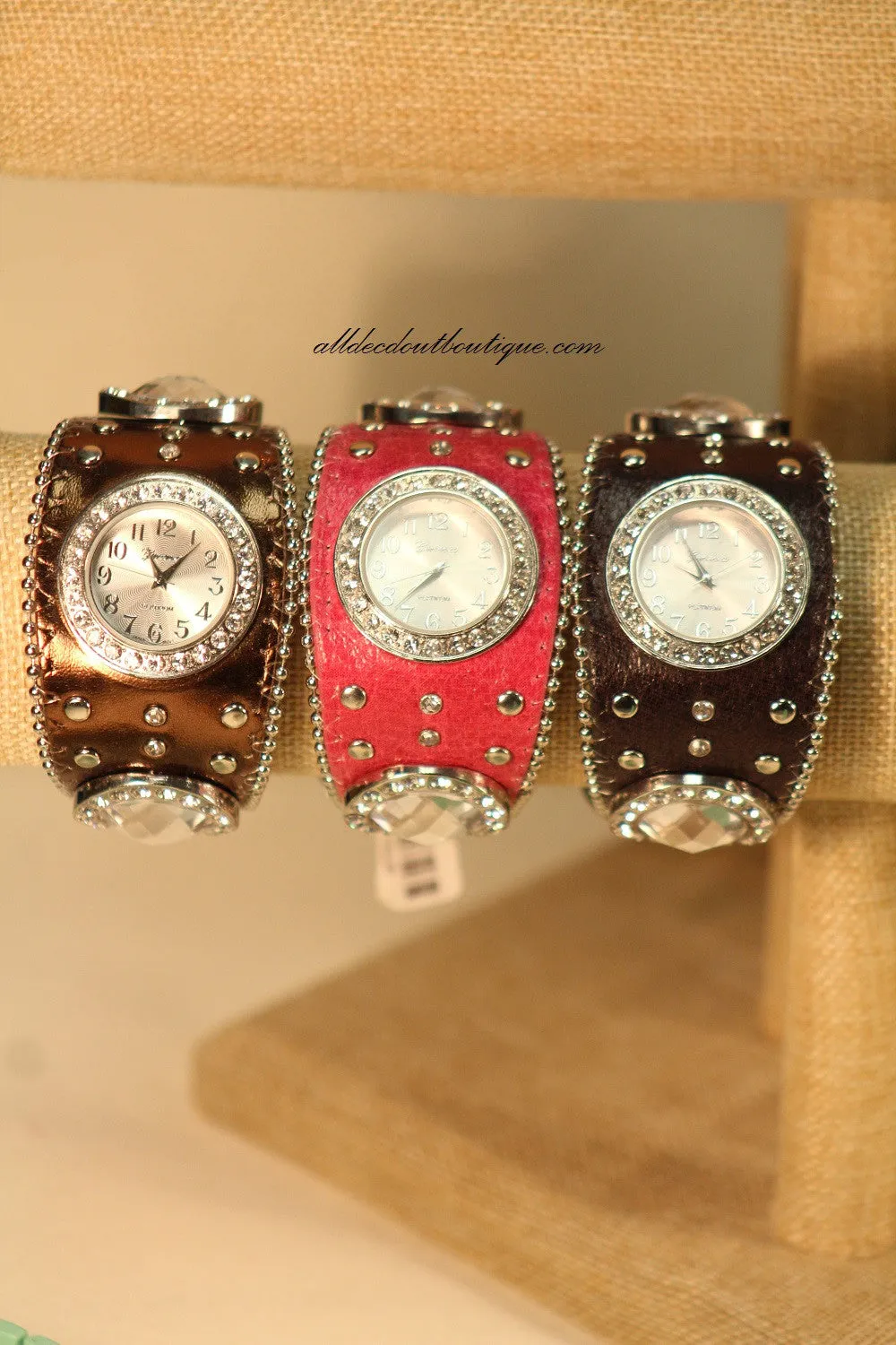 Black/White Silver Studs & Clear Rhinestones | Leather Band with Buckle Clasp