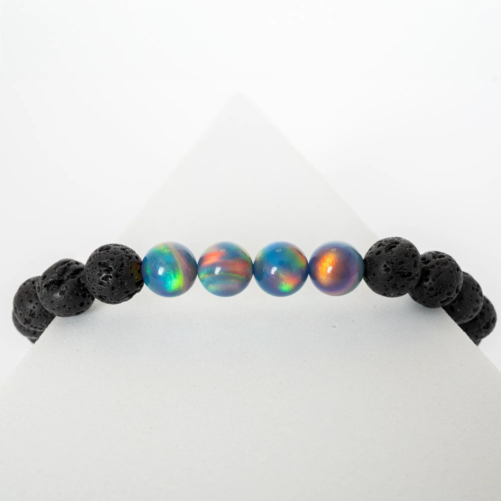 Blue Haze Opalescence & Lava Stone Beaded Bracelet