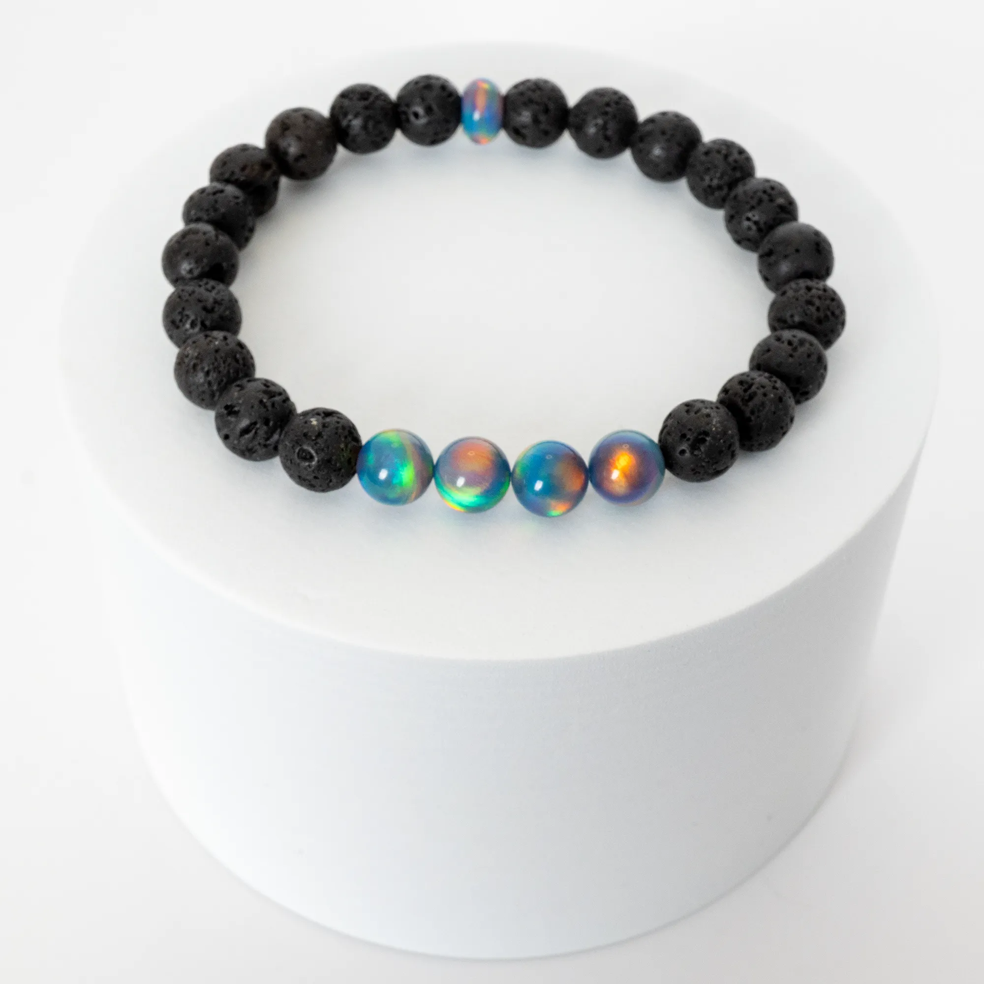 Blue Haze Opalescence & Lava Stone Beaded Bracelet
