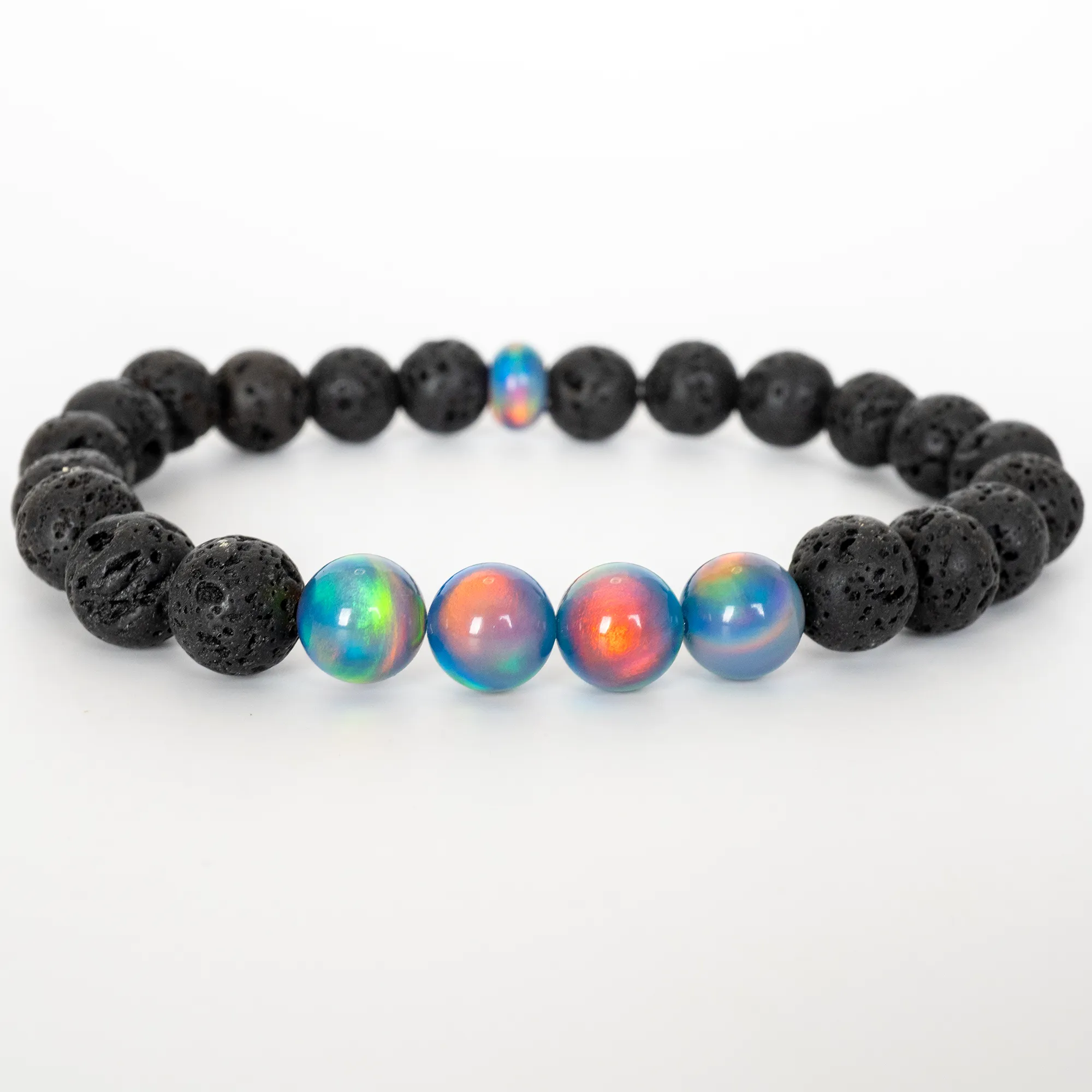 Blue Haze Opalescence & Lava Stone Beaded Bracelet