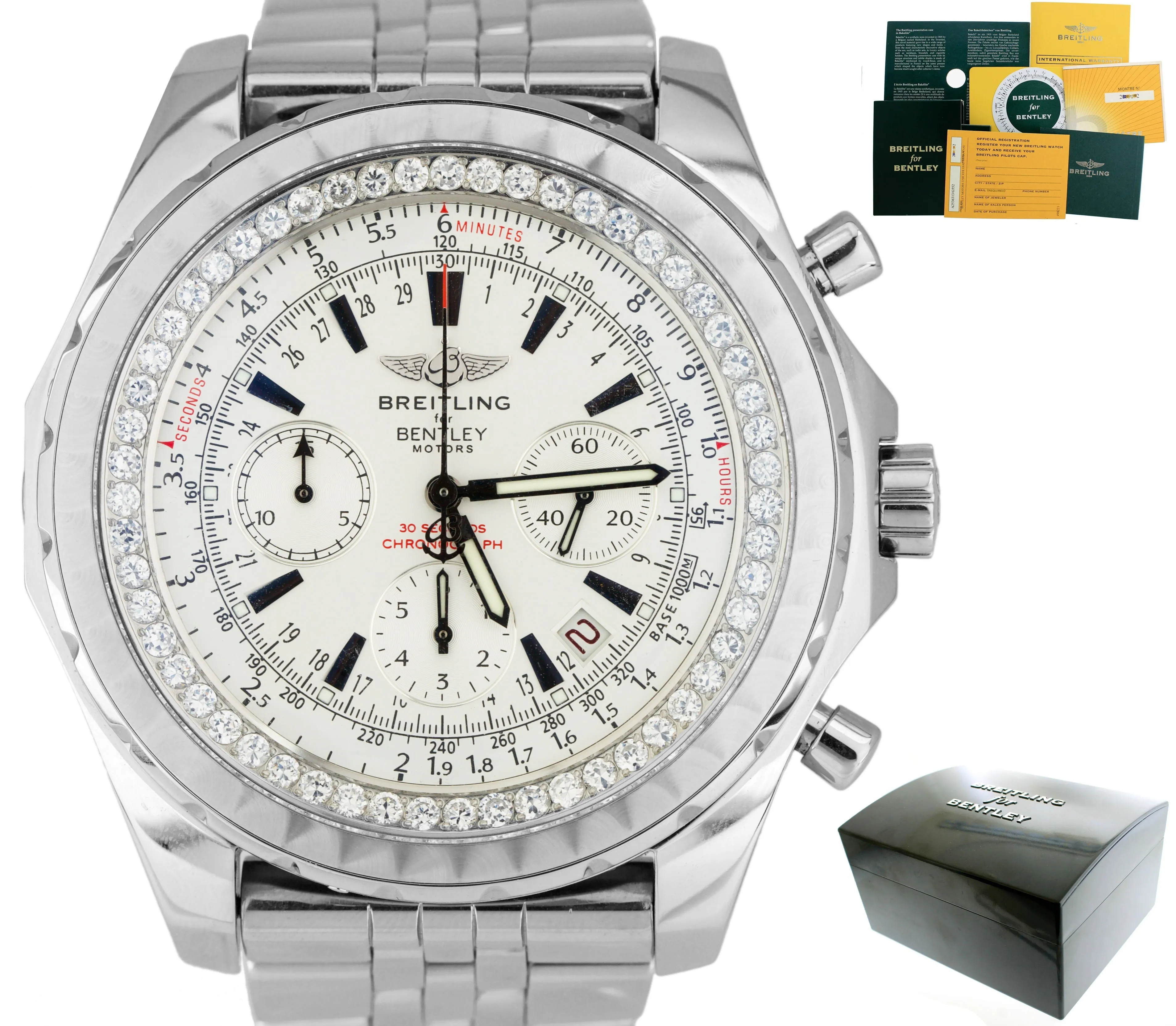 Breitling Bentley Chronograph 2.20ctw Silver Diamond A25363 Steel 48mm Watch