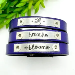 Bright Purple |  3 Phrases | Leather Skinny Bracelet | Adjustable