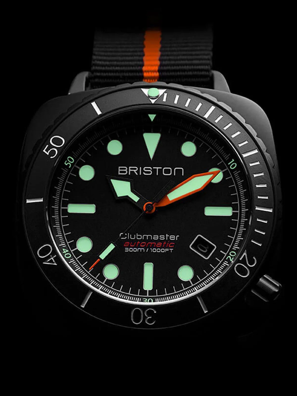 Briston Clubmaster Diver Pro Automatic Acetate Black Orange Nato Strap 44mm