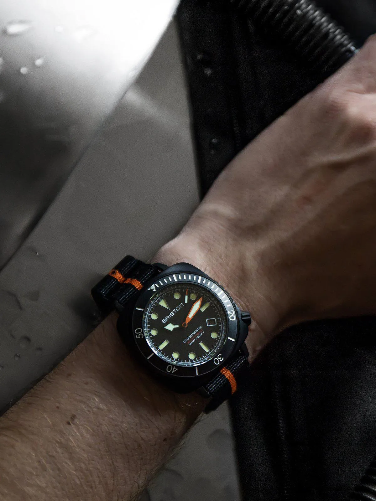 Briston Clubmaster Diver Pro Automatic Acetate Black Orange Nato Strap 44mm