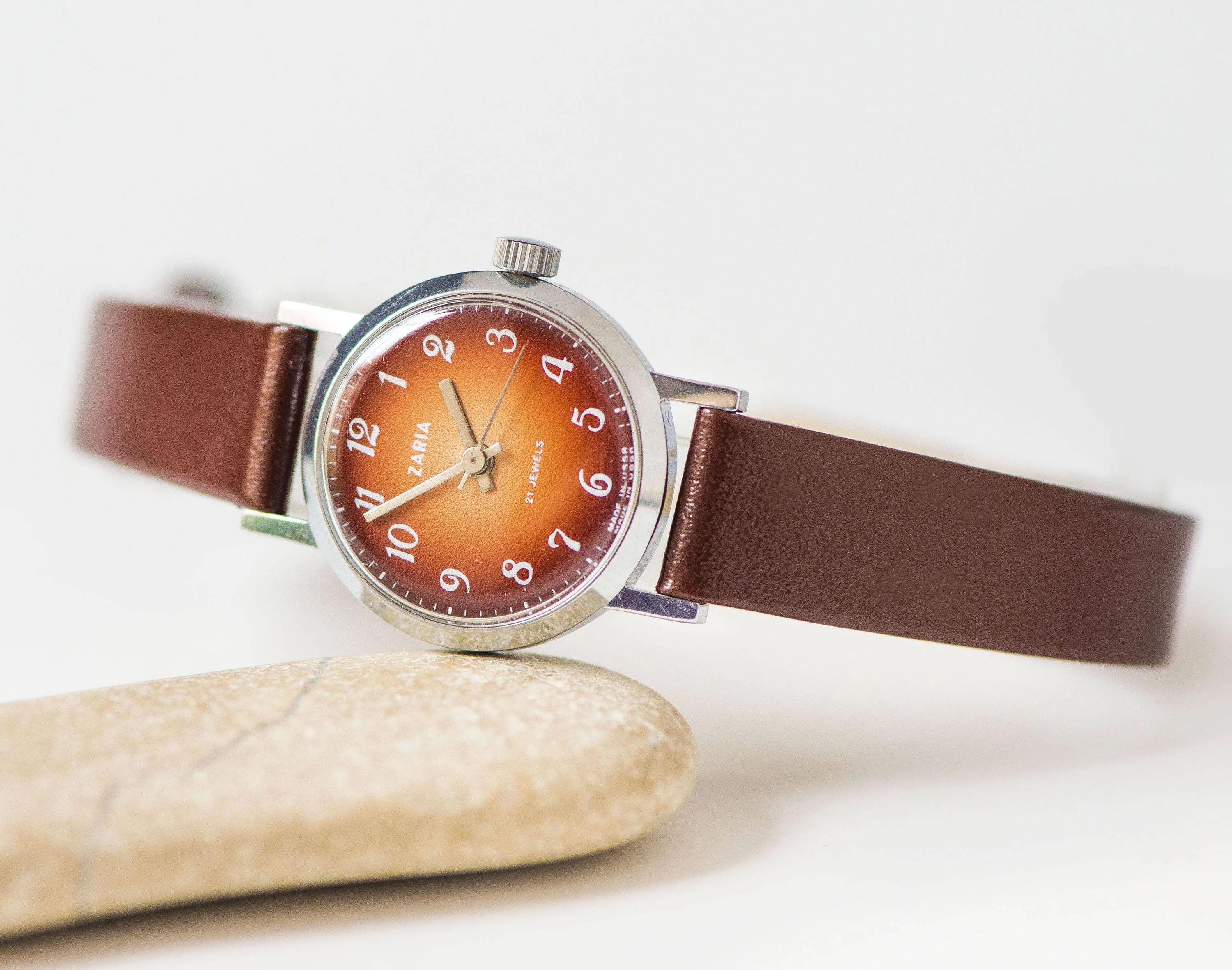 Brown silver shades women's watch small, classic women's watch vintage, minimalist watch round, lady watch Dawn, new luxury leather strap