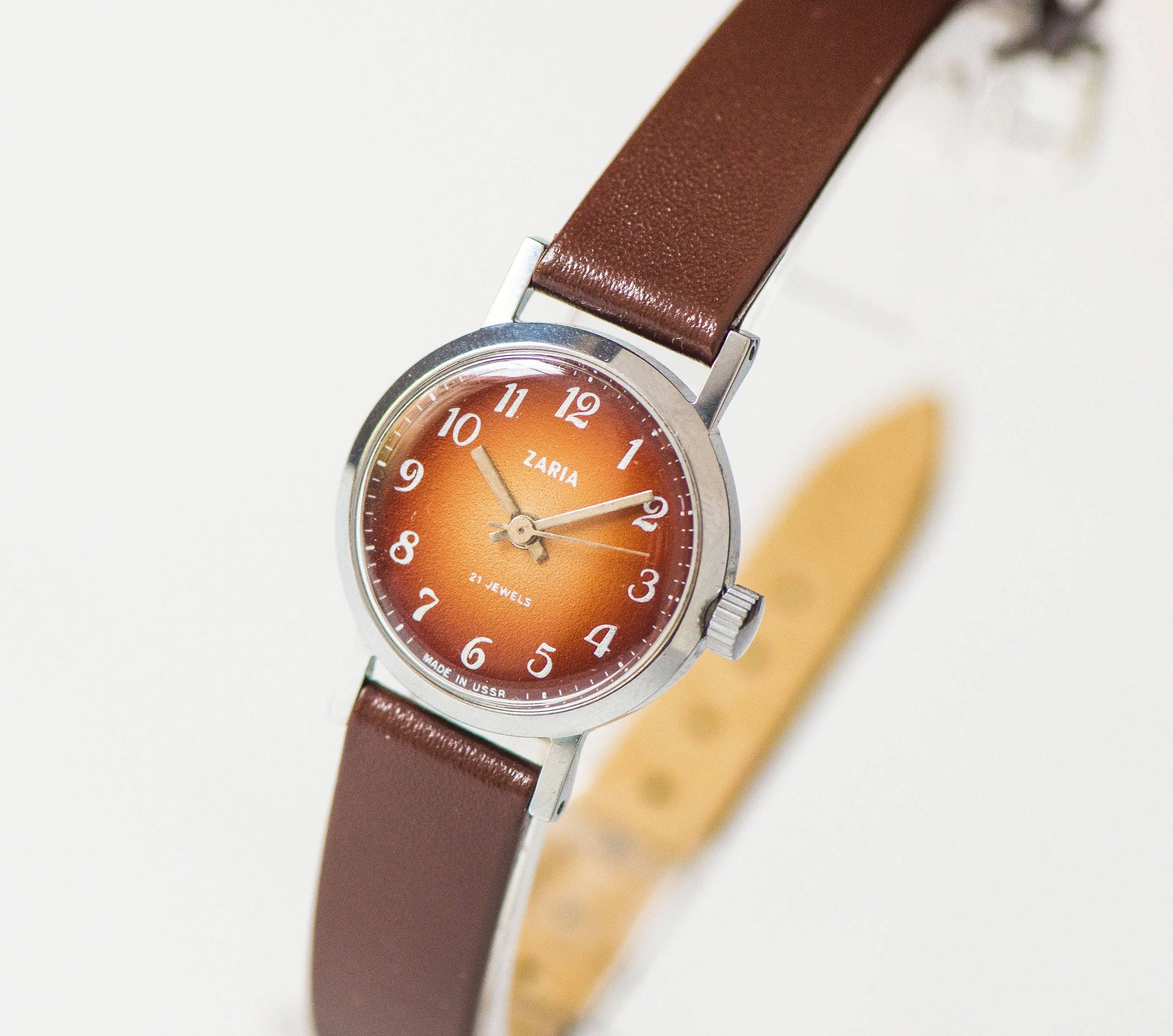 Brown silver shades women's watch small, classic women's watch vintage, minimalist watch round, lady watch Dawn, new luxury leather strap