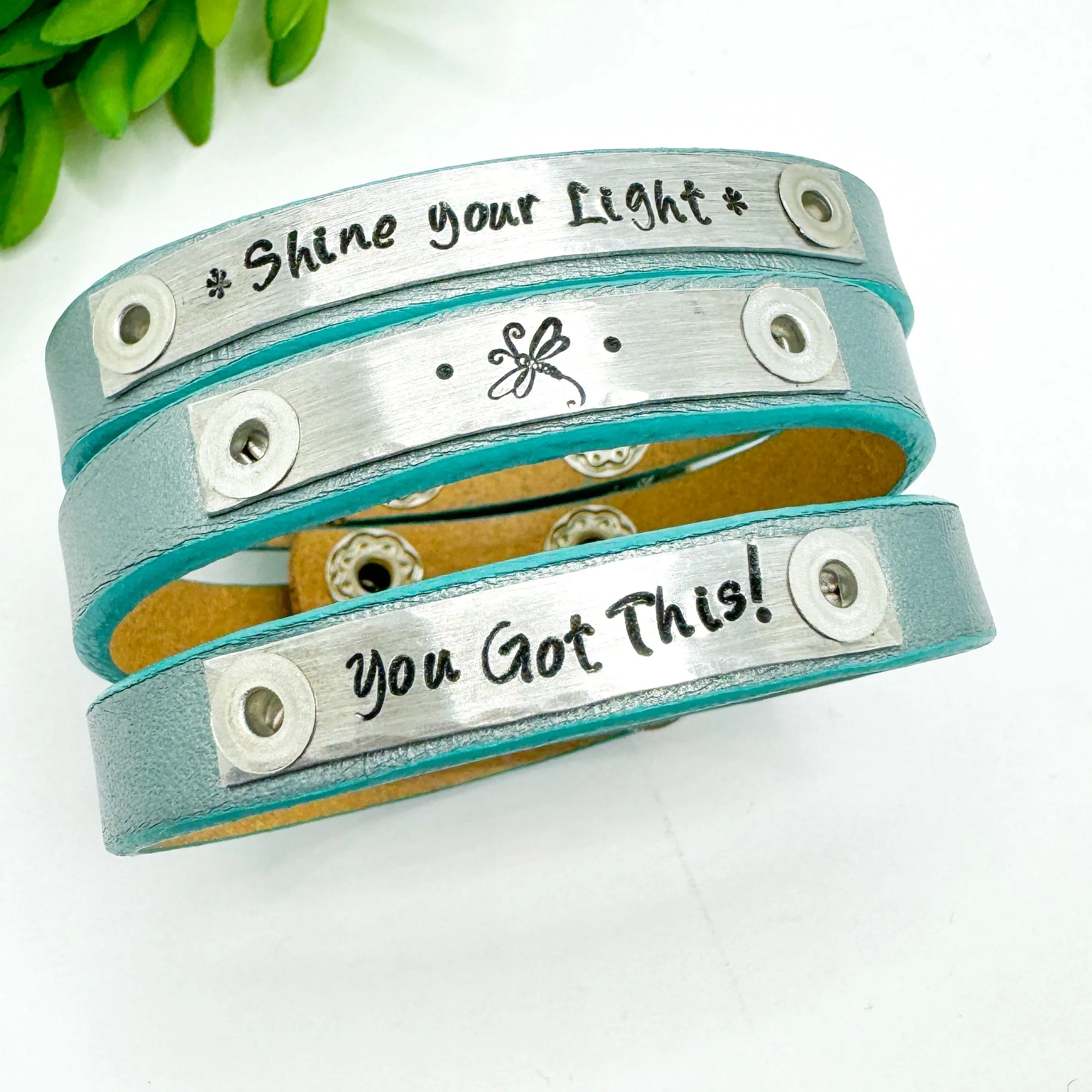Brushed Turquoise | 3 Phrases | Leather Skinny Bracelet | Adjustable