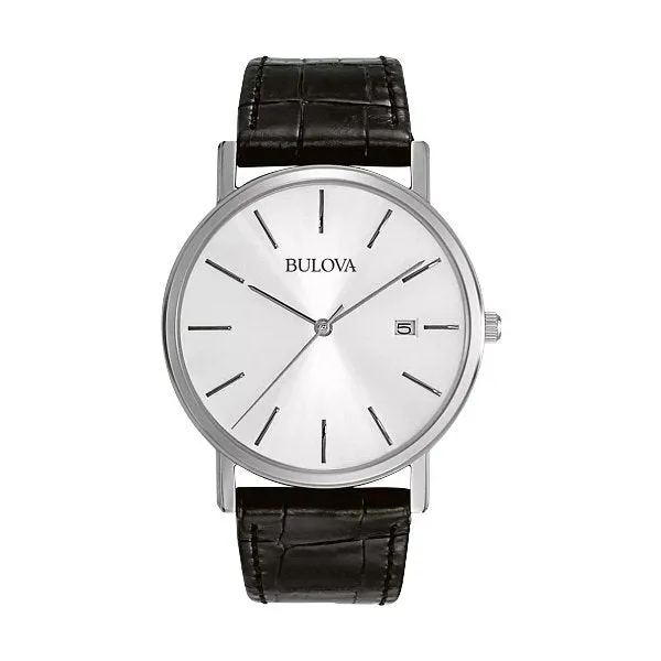 Bulova Classic Mens Stainless Steel Black Leather Strap Watch