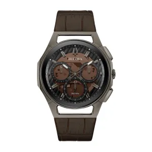 Bulova Curv Mens Chronograph Grey Tone Brown Dial Brown Leather Strap Watch