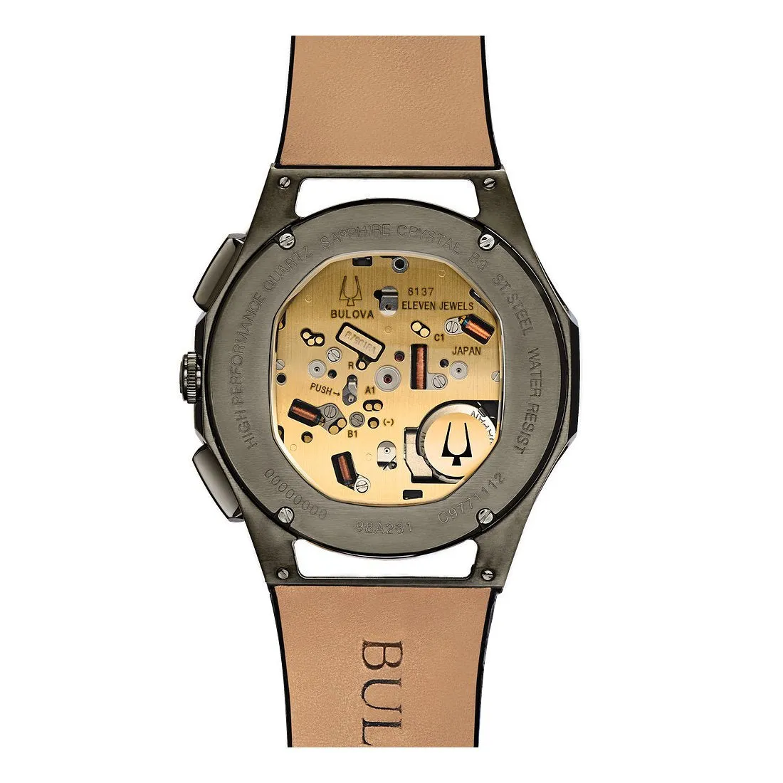 Bulova Curv Mens Chronograph Grey Tone Brown Dial Brown Leather Strap Watch
