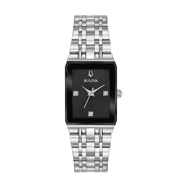 Bulova Quadra Ladies Stainless Steel Diamond and Black Dial Watch