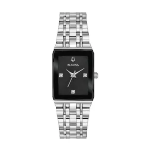 Bulova Quadra Ladies Stainless Steel Diamond and Black Dial Watch