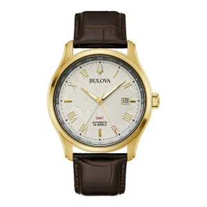 Bulova Wilton GMT Mens Gold Tone Automatic Brown Leather Strap Watch