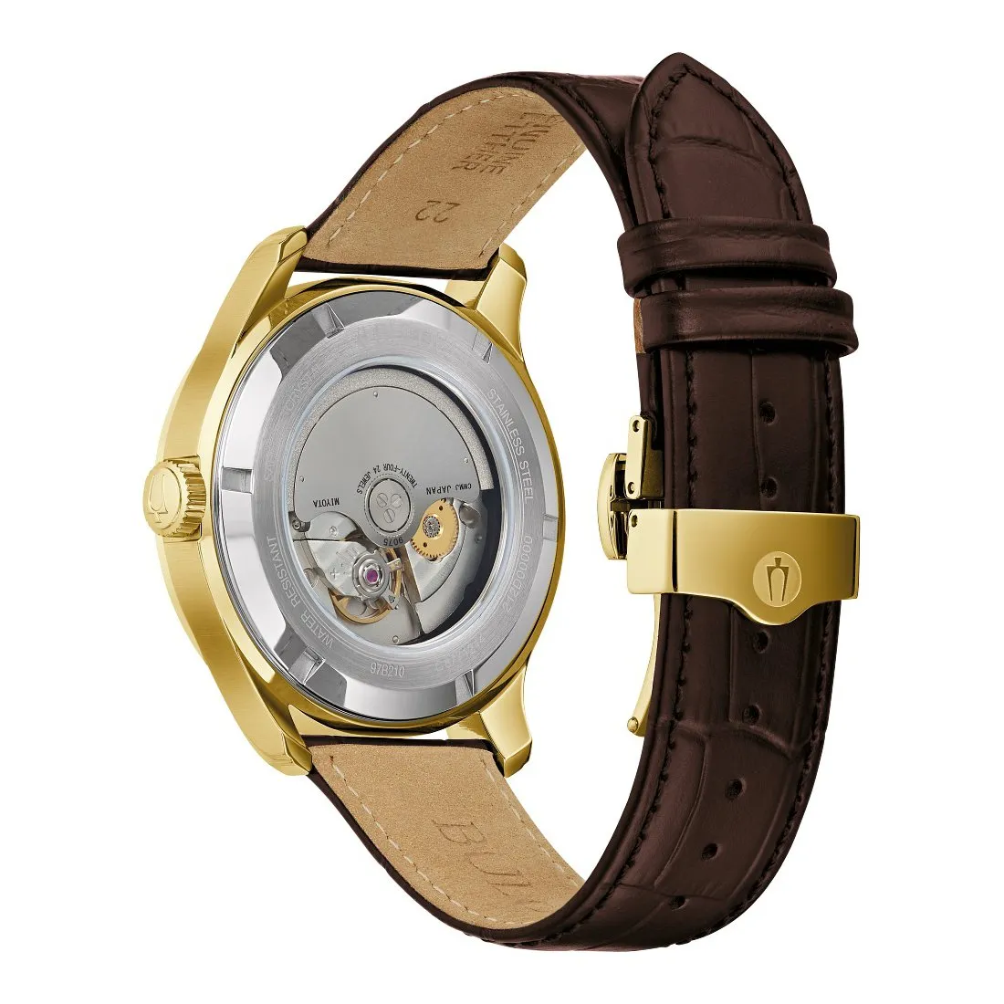 Bulova Wilton GMT Mens Gold Tone Automatic Brown Leather Strap Watch