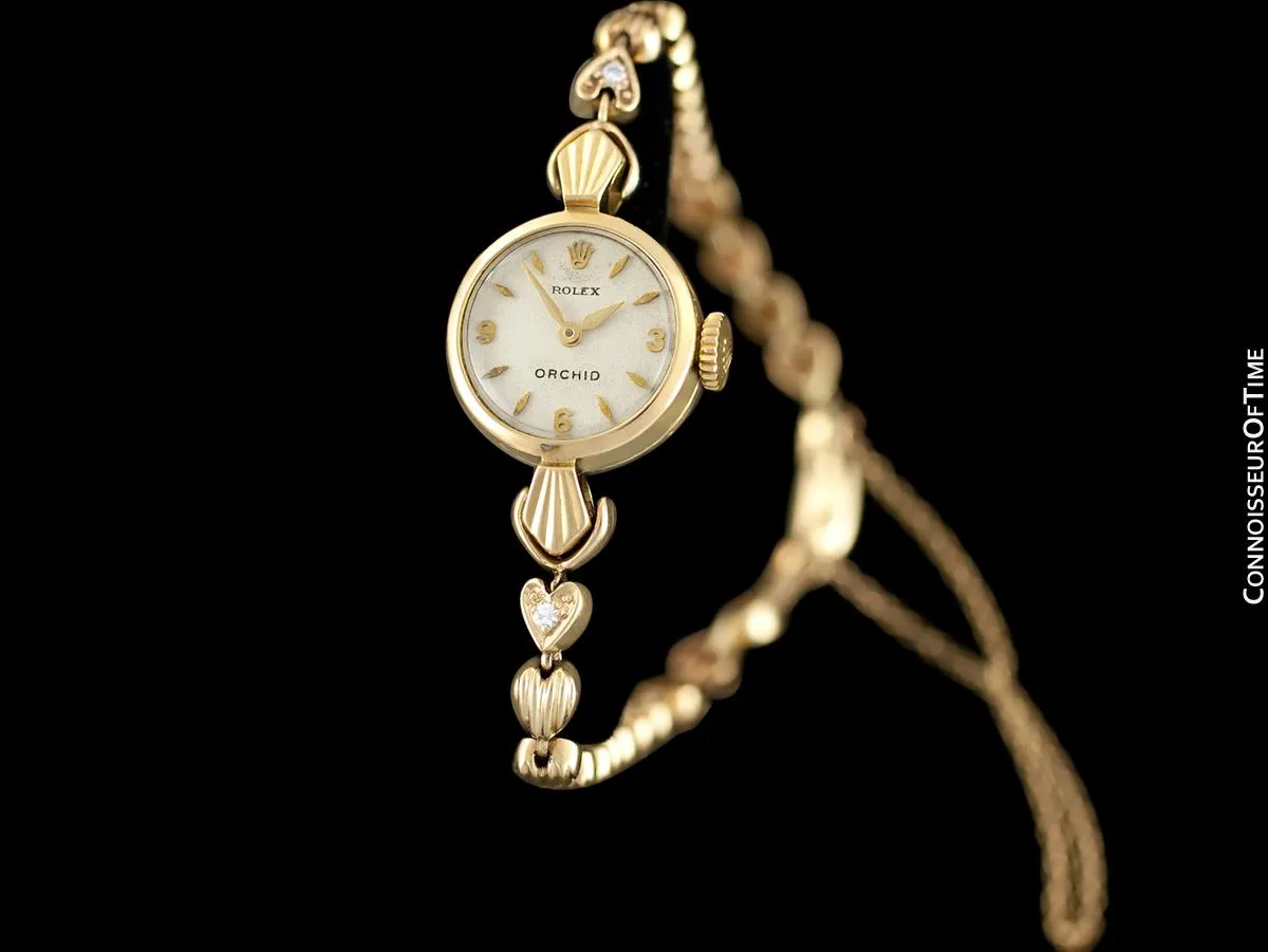 c. 1957 Rolex Orchid Ladies Vintage Watch, 18K Gold - Rare & Beautiful Crown Design