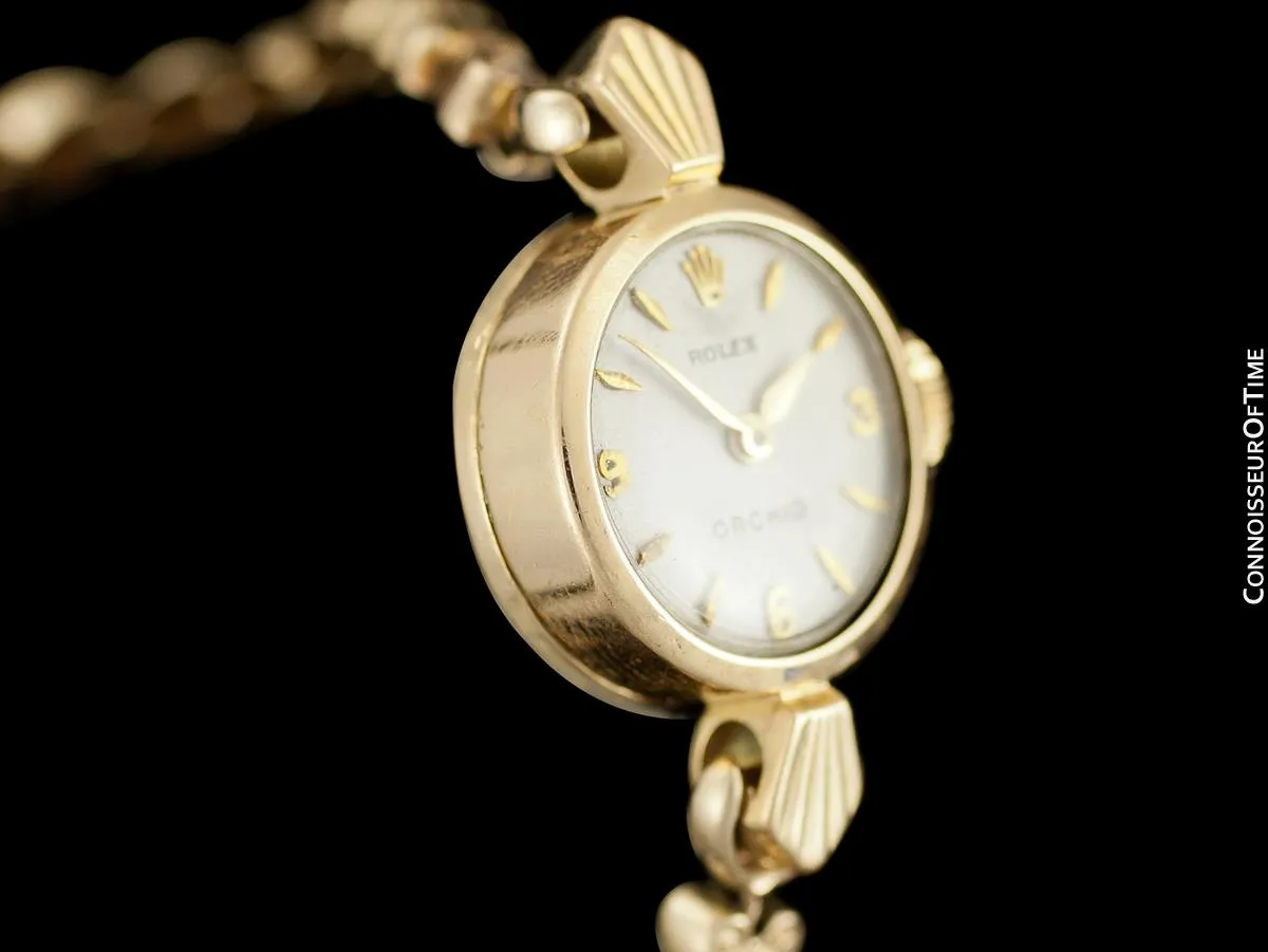 c. 1957 Rolex Orchid Ladies Vintage Watch, 18K Gold - Rare & Beautiful Crown Design